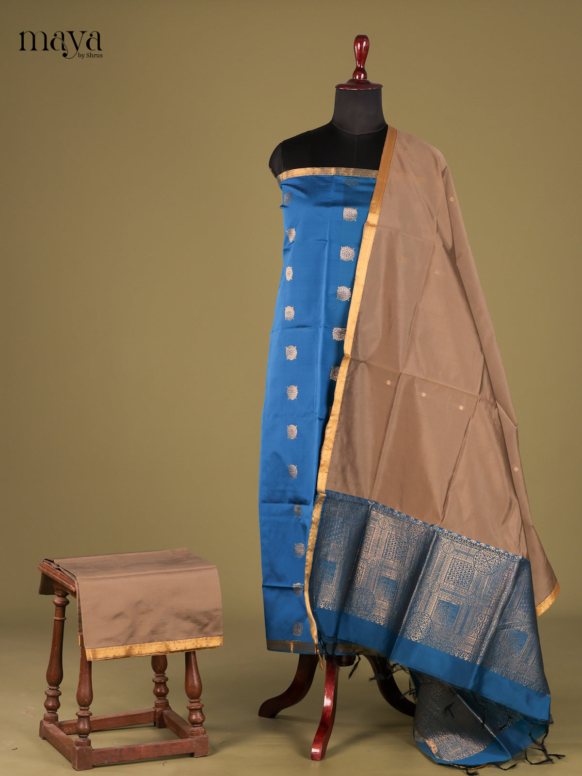 Pretty Blue semi softsilk salwar unstitched with Grey dupatta