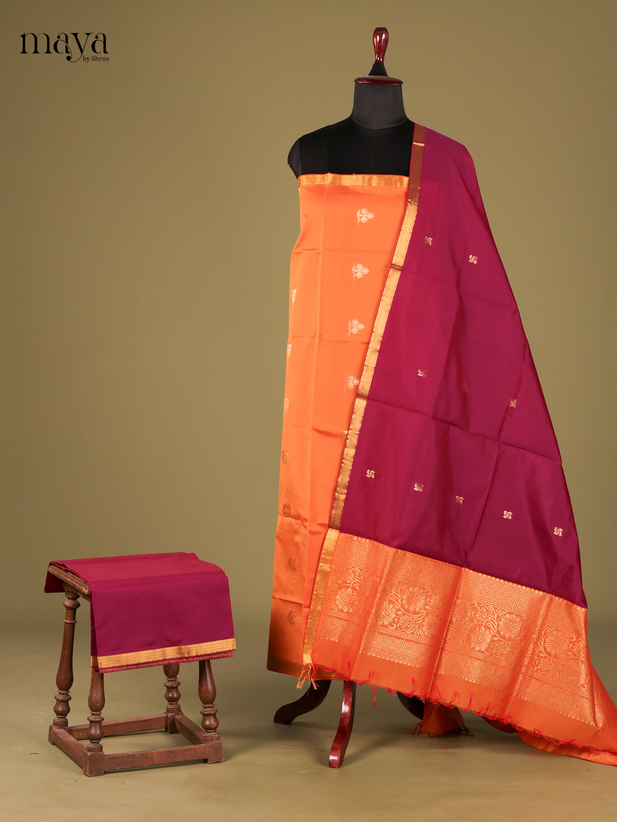 Pretty Orange semi softsilk salwar Unstitched with maroon dupatta