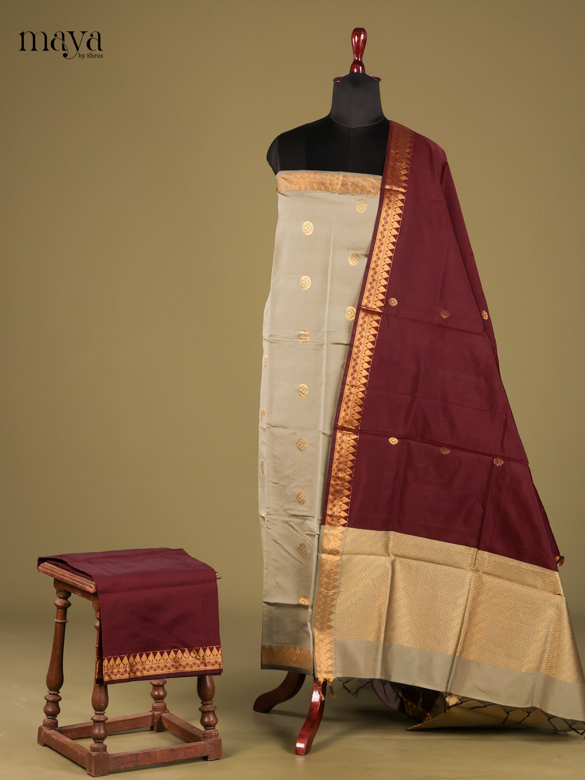 Charming Grey semi softsilk salwar unstitched with Maroon Salwar