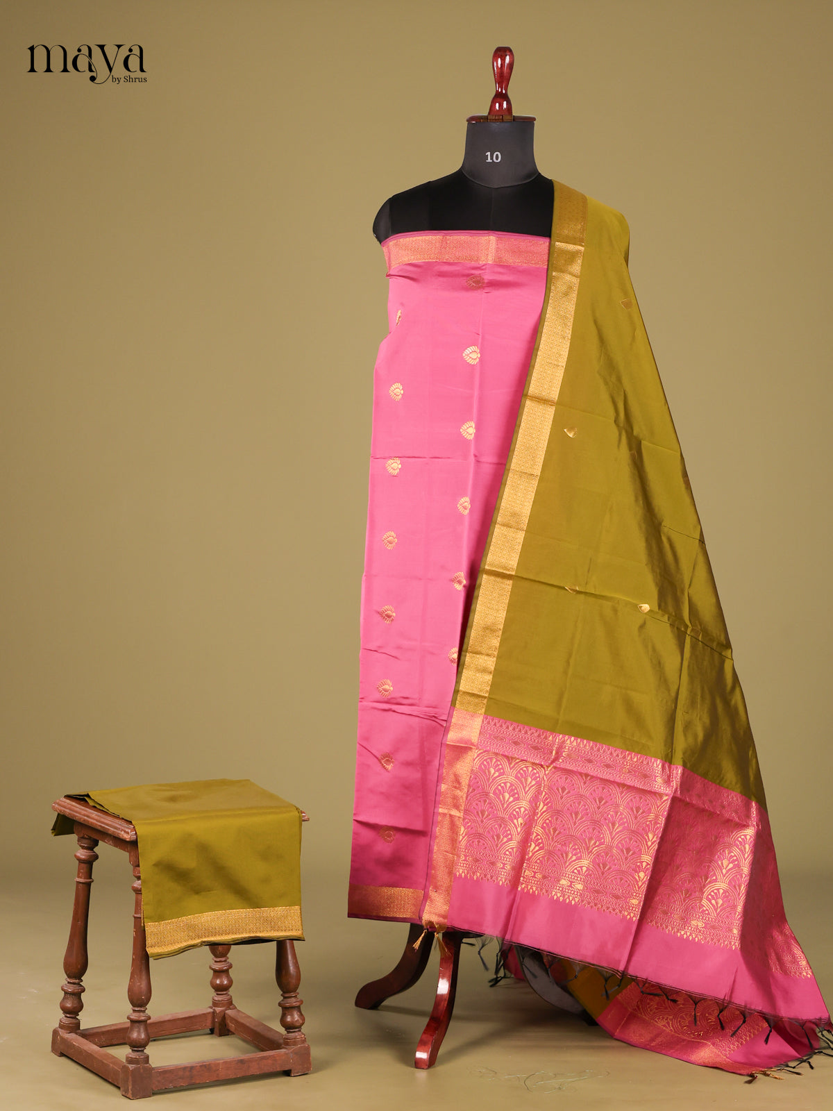 Charming Pink semi softsilk salwar unstitched with Green dupatta
