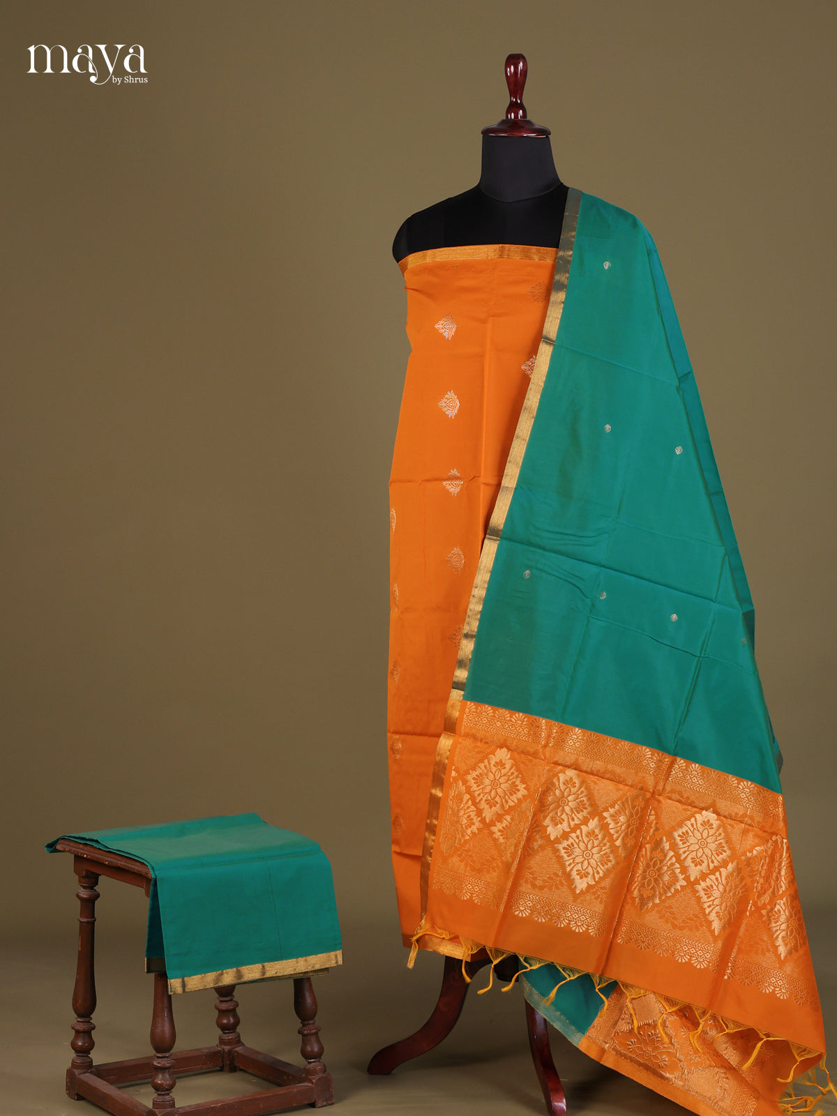 Radiant Orange semi softsilk salwar unstitched with green Dupatta