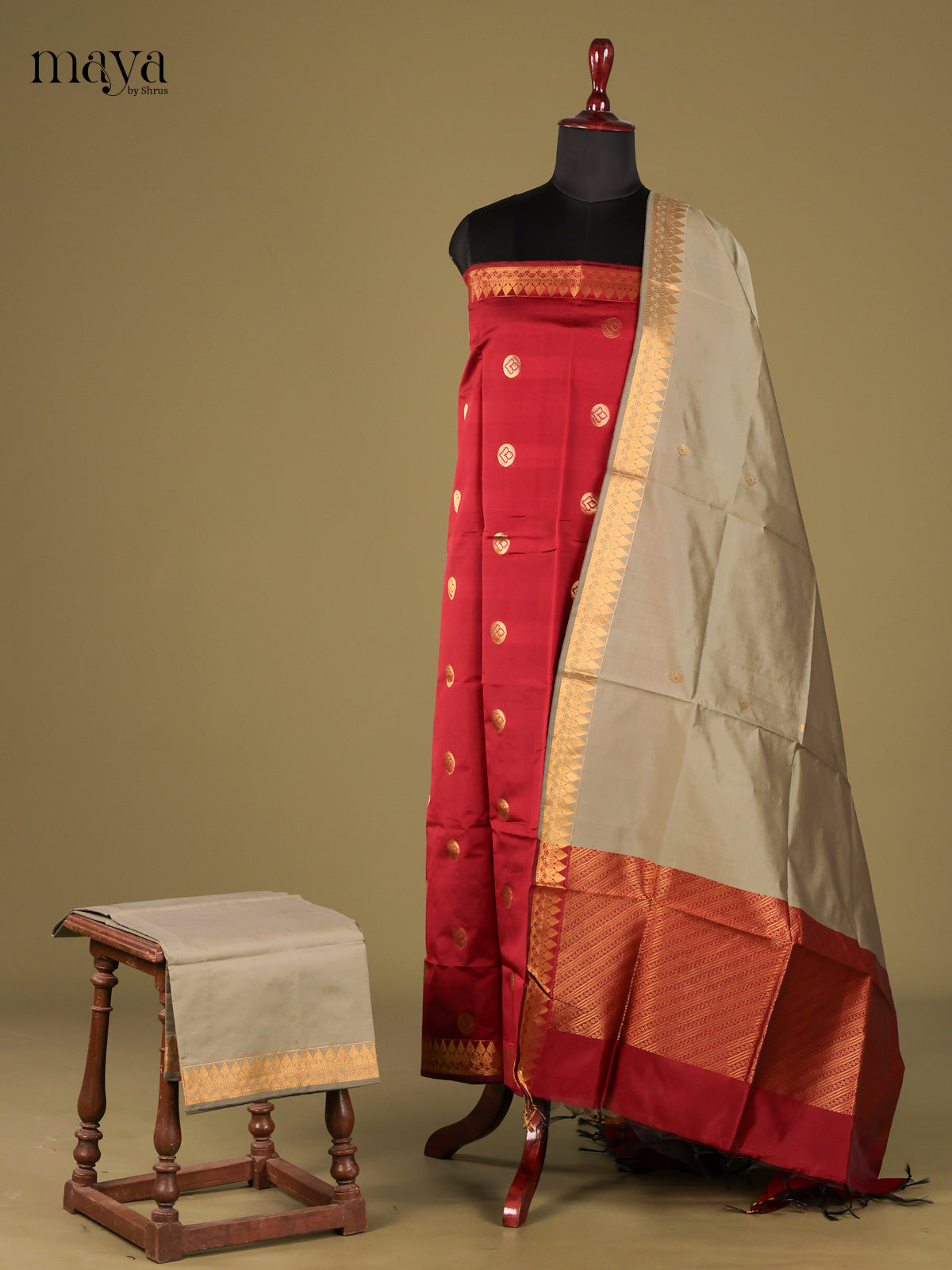 Beautiful Red semi softsilk salwar unstitched with Grey dupatta