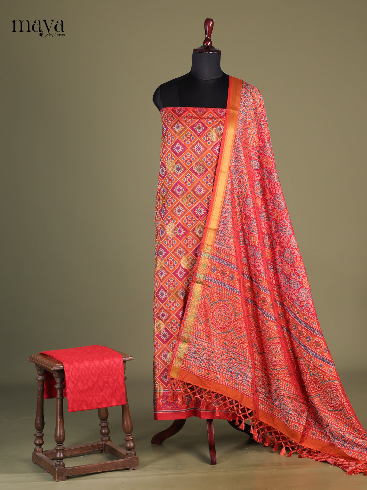 Orange & Red - Semi patola salwar Unstitched