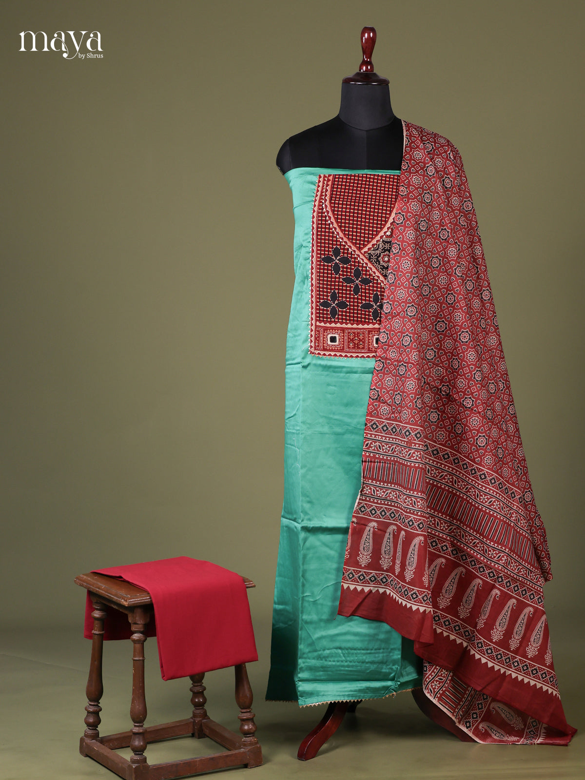 Teal Green & Red - Cotton salwar Unstitched