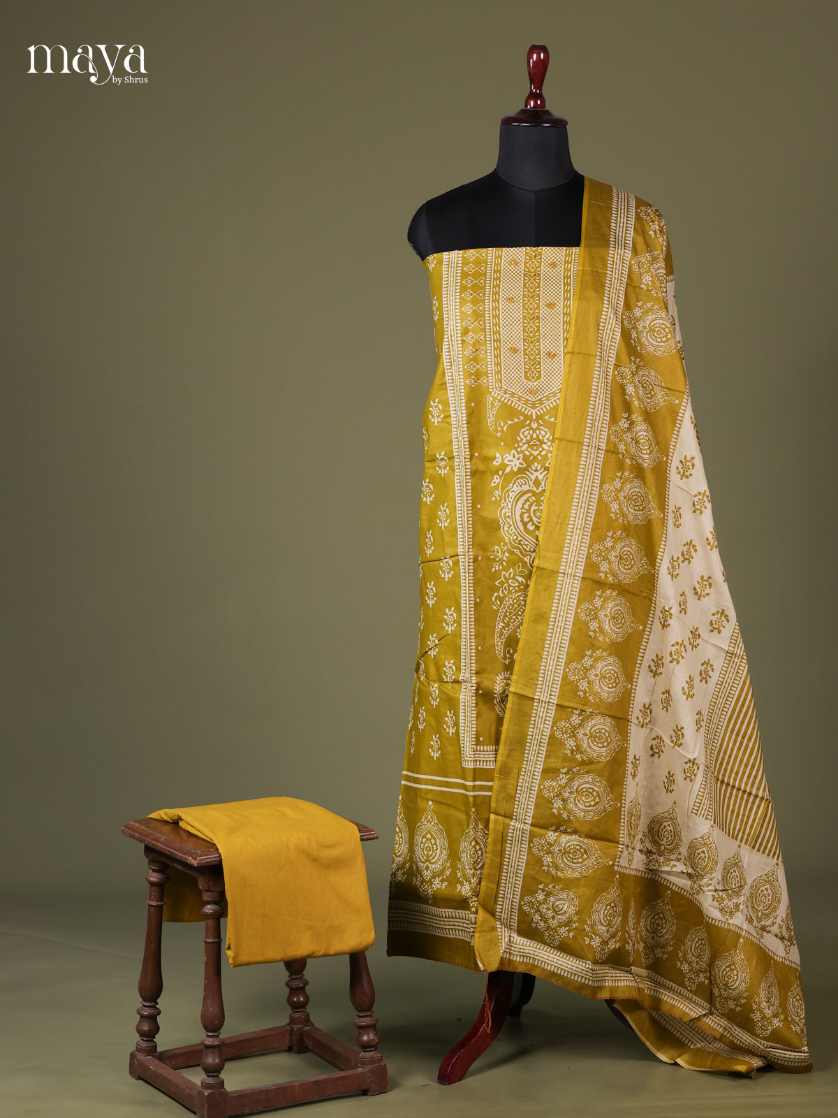 Mehandi Green & Cream - Cotton salwar Unstitched