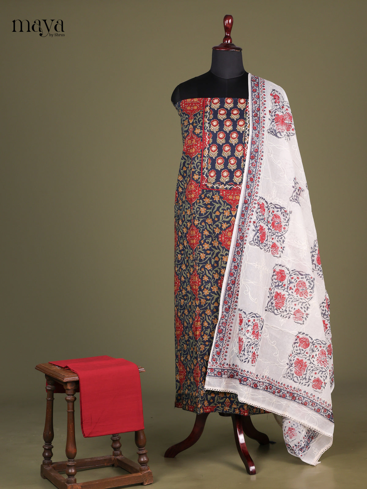 Blue & Red - Cotton salwar Unstitched