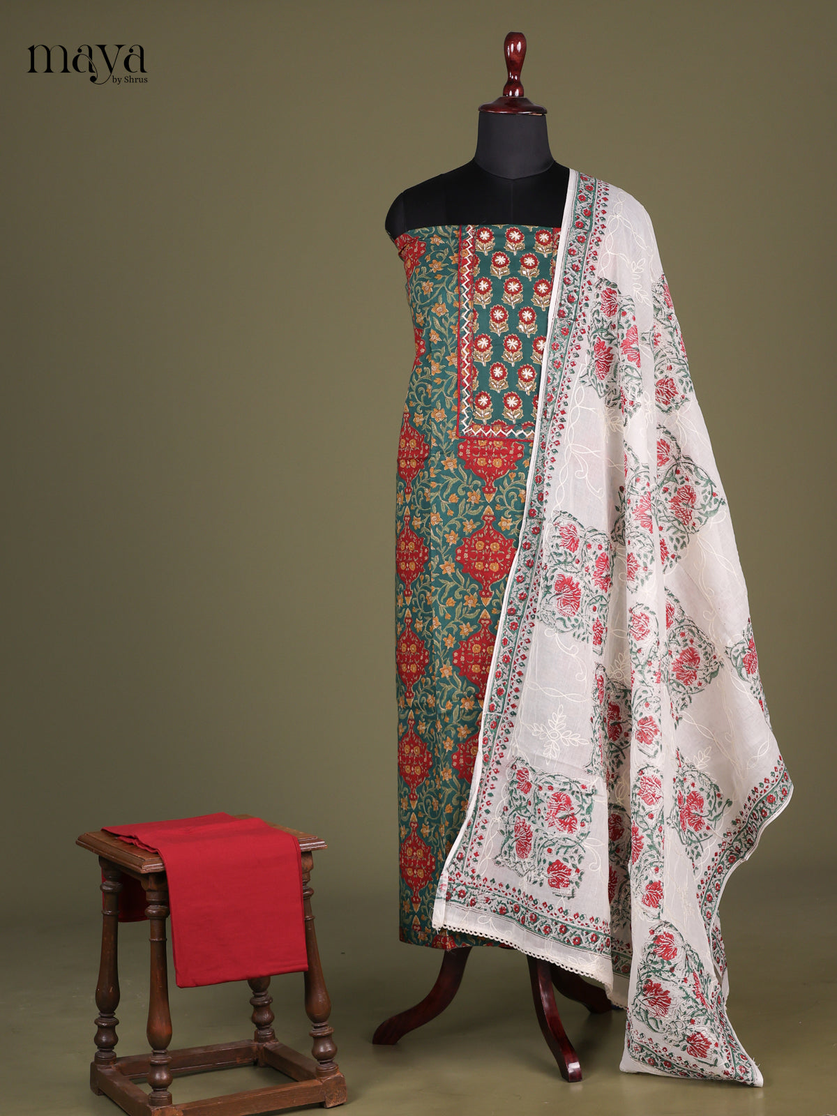 Green & Red - Cotton salwar Unstitched