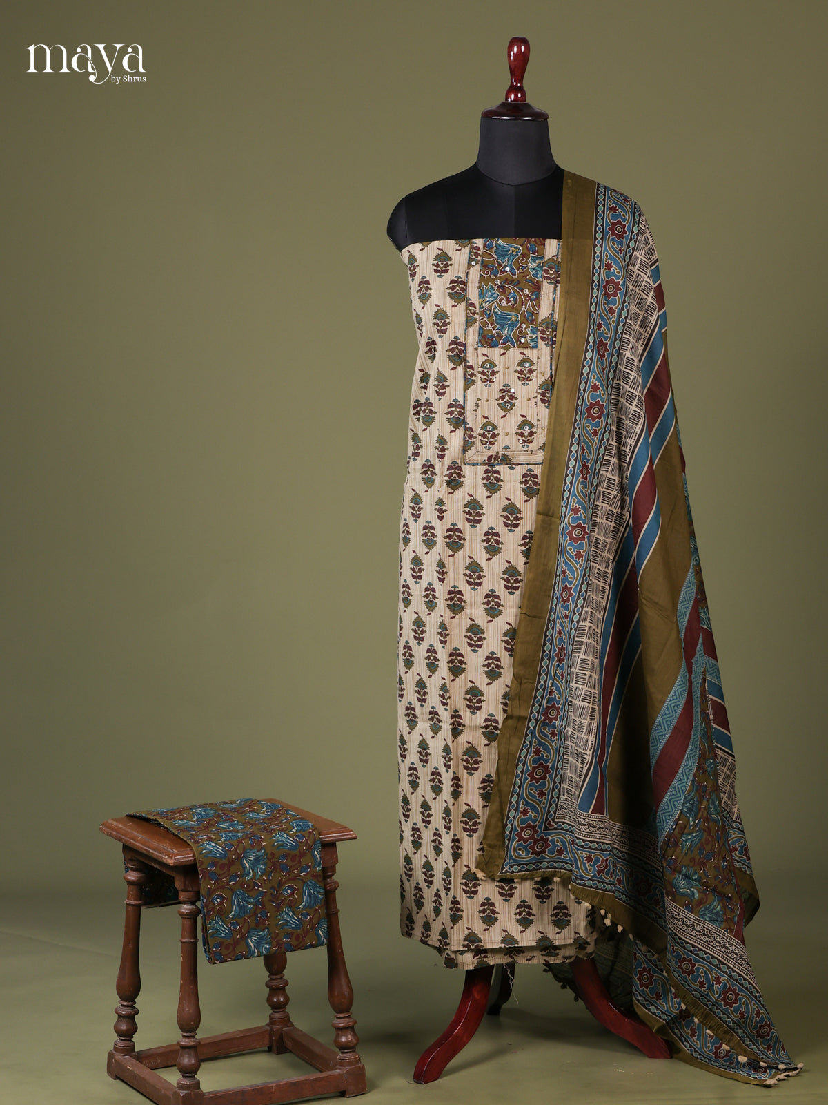 Cream & Green - Cotton salwar Unstitched