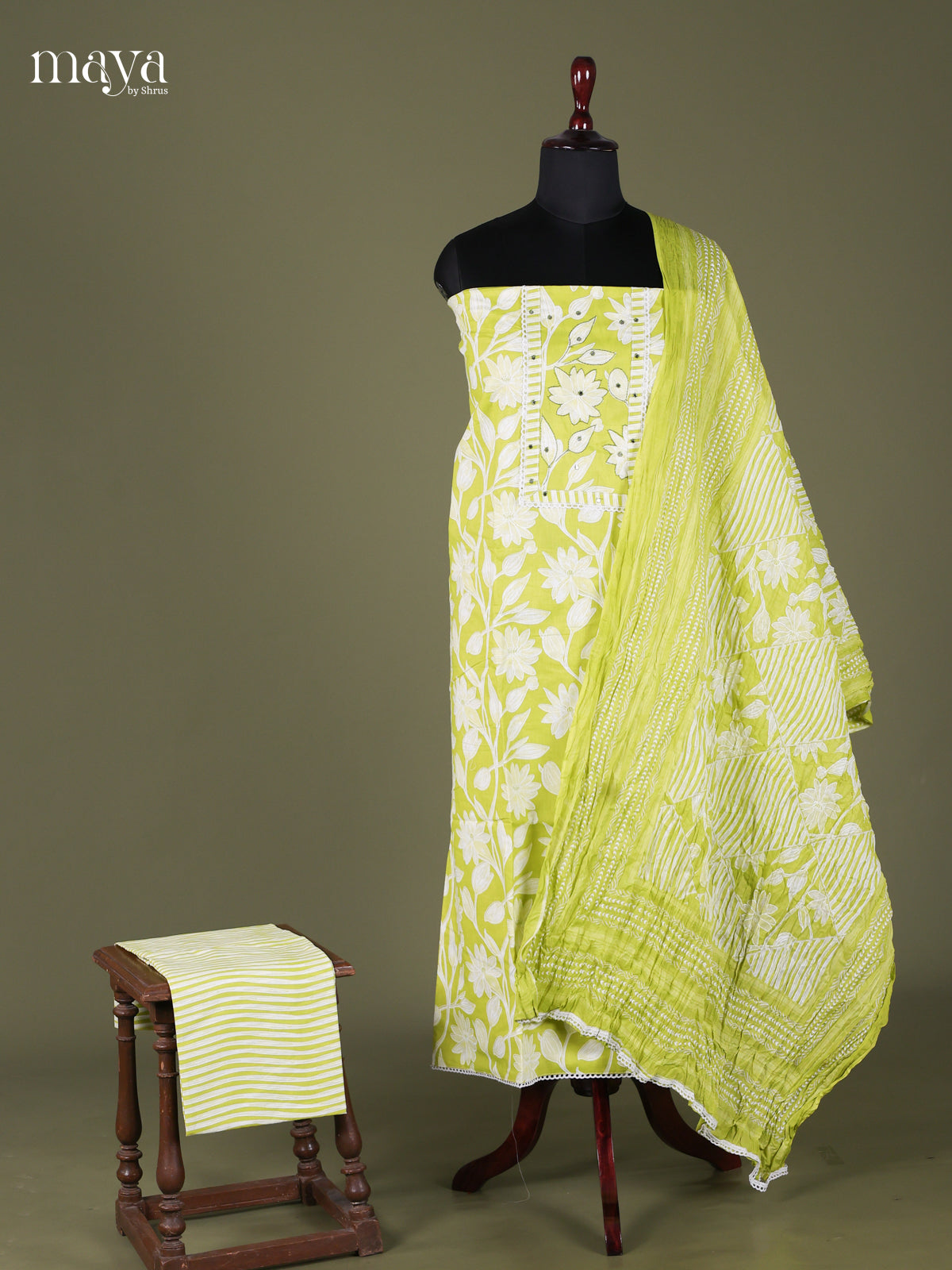 Light Green & White - Cotton salwar Unstitched