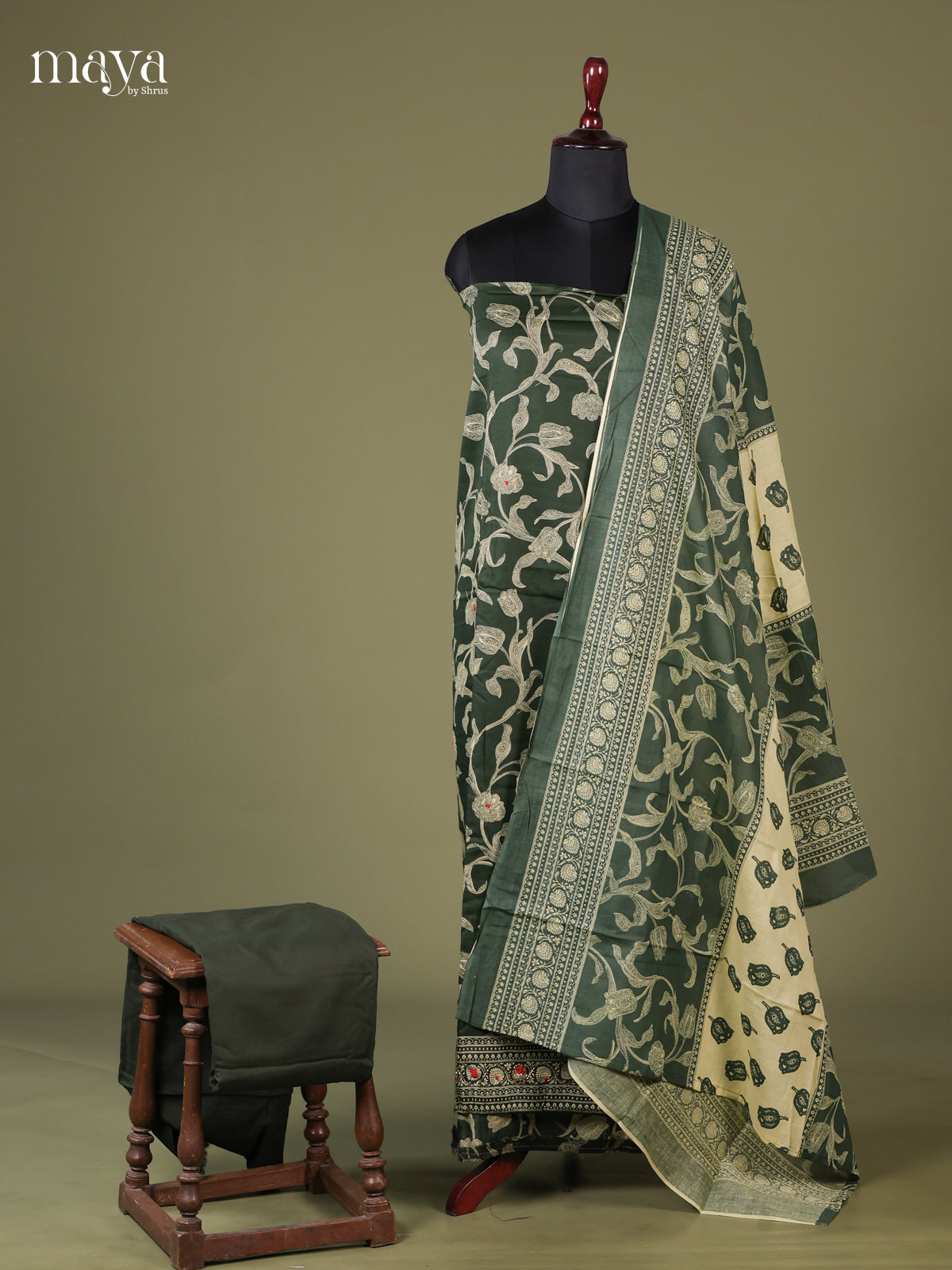 Green & Cream - Cotton salwar Unstitched