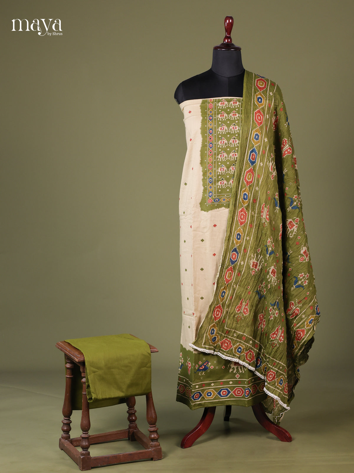 Cream & Green - Cotton salwar Unstitched