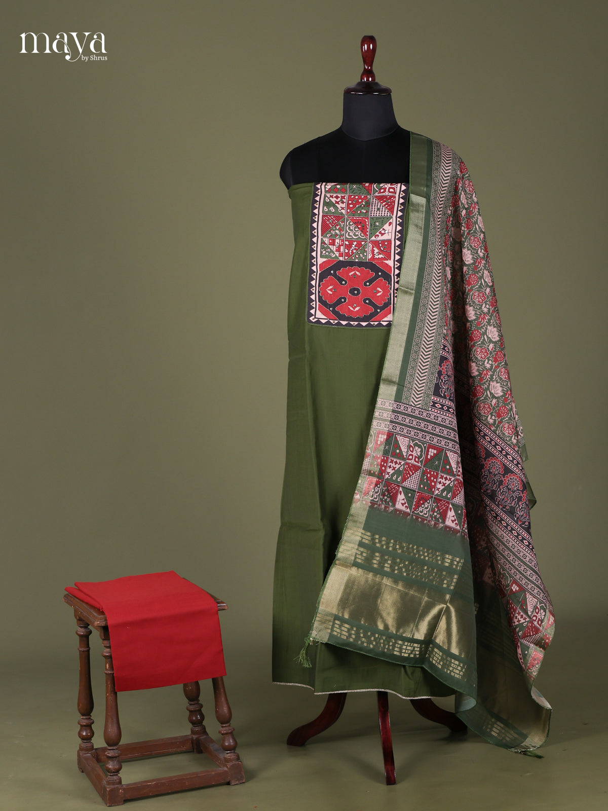 Green & Red - Cotton salwar Unstitched