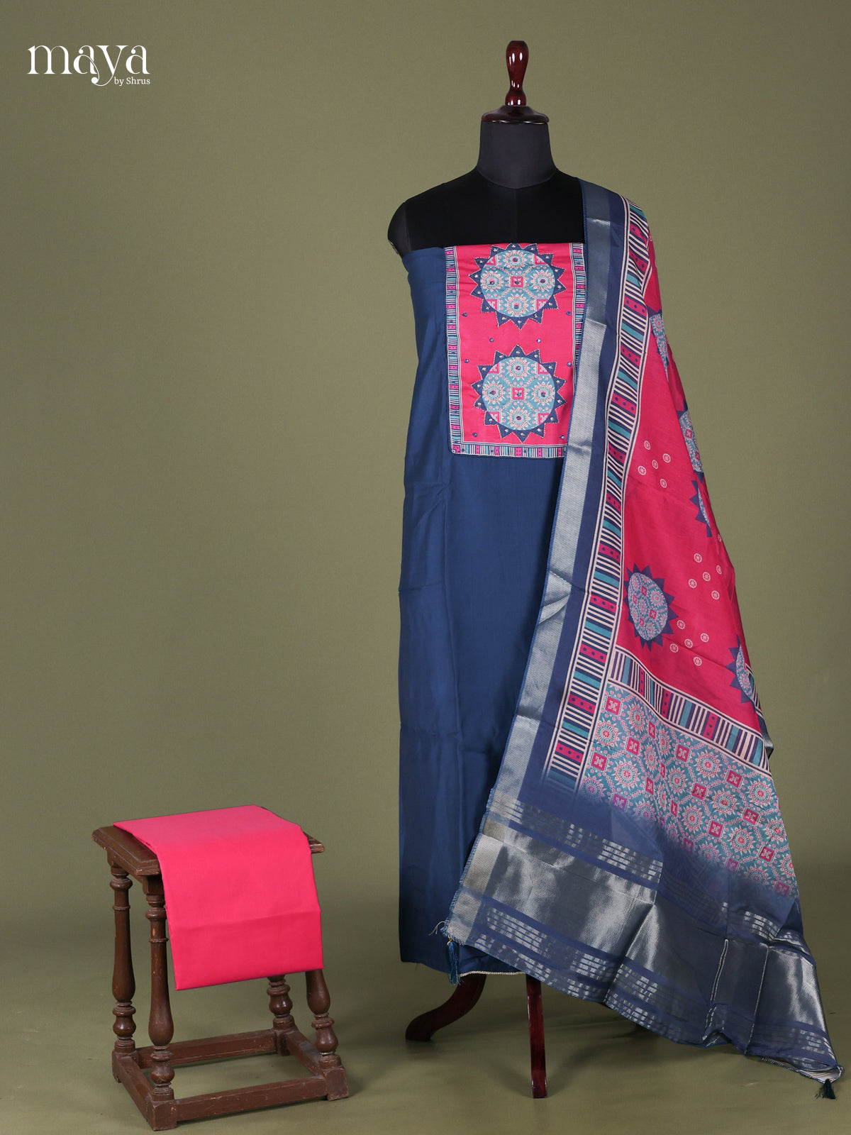 Blue & Pink - Cotton salwar Unstitched