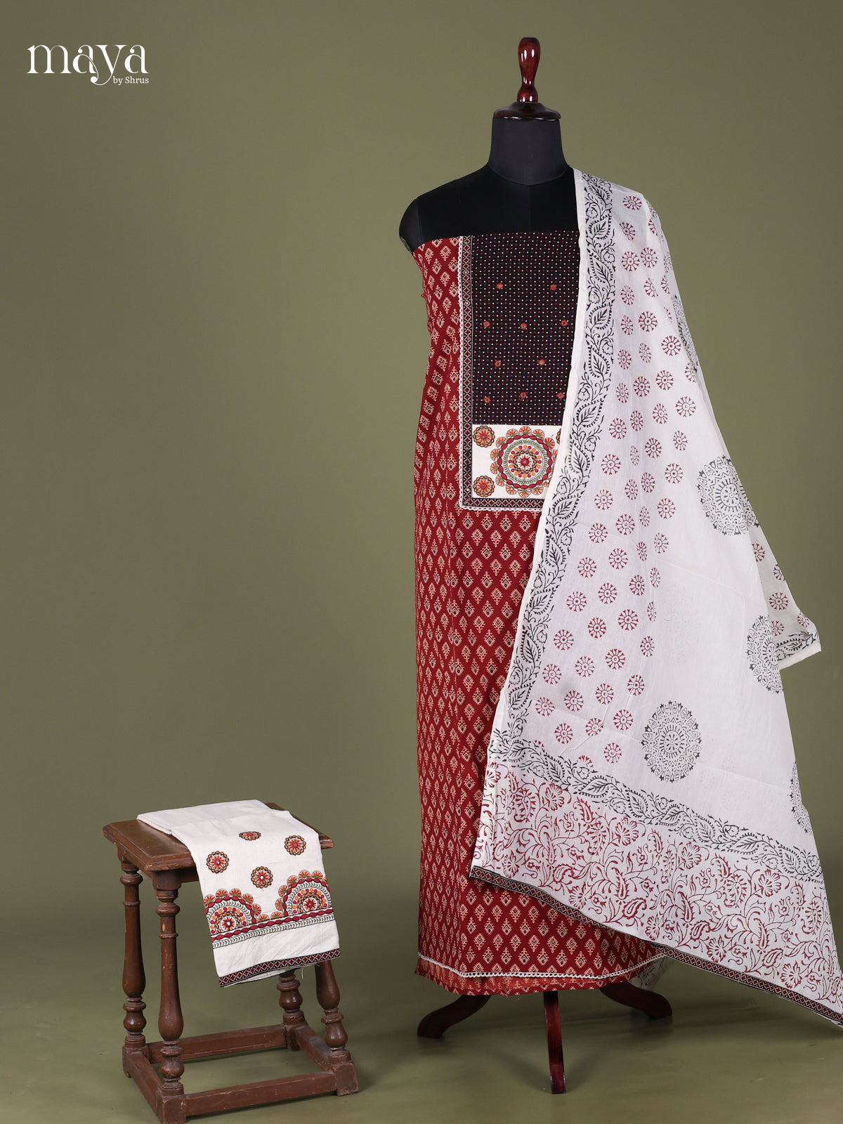 Maroon & White - Cotton salwar Unstitched
