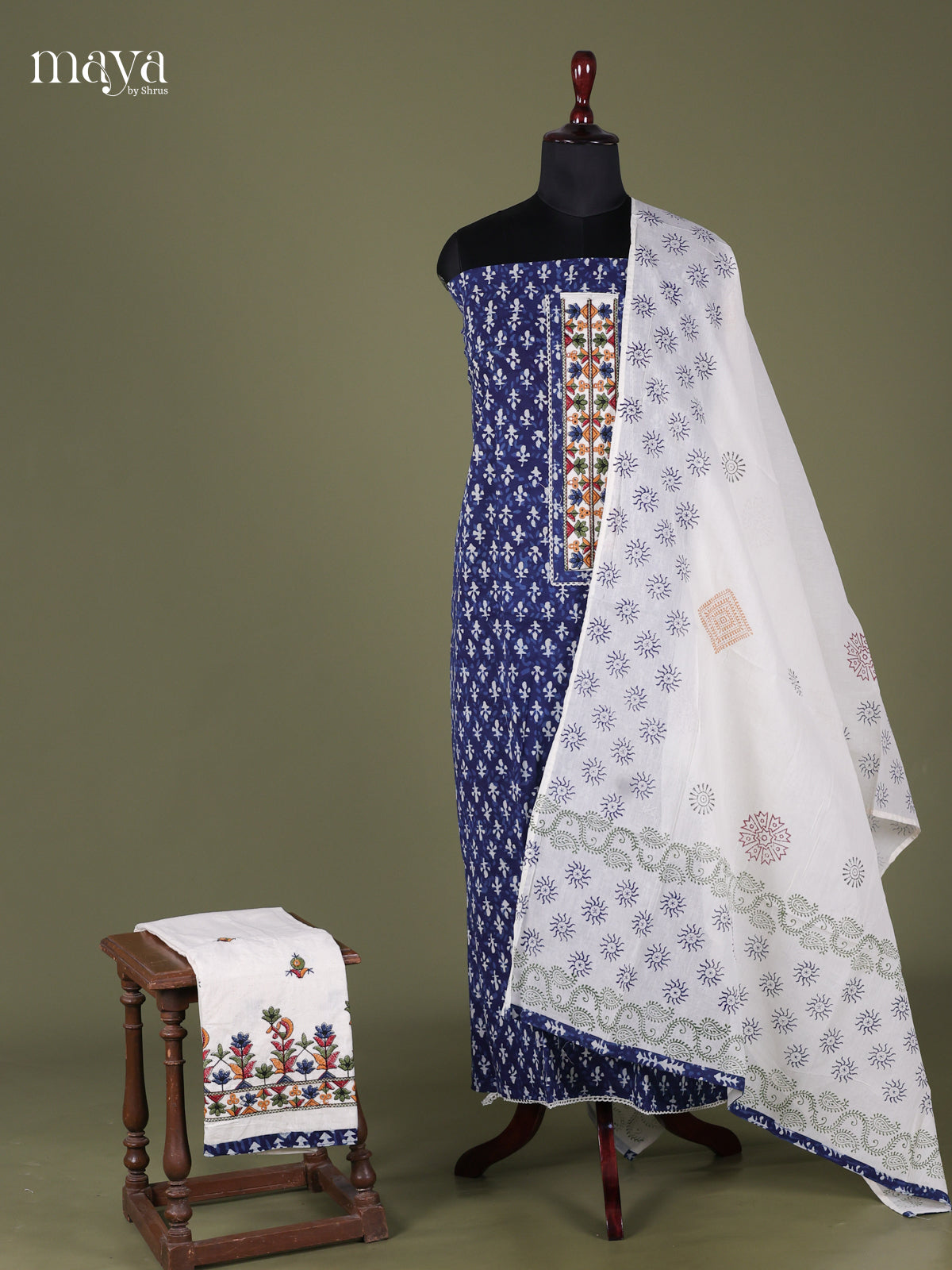 Blue & White - Cotton salwar Unstitched