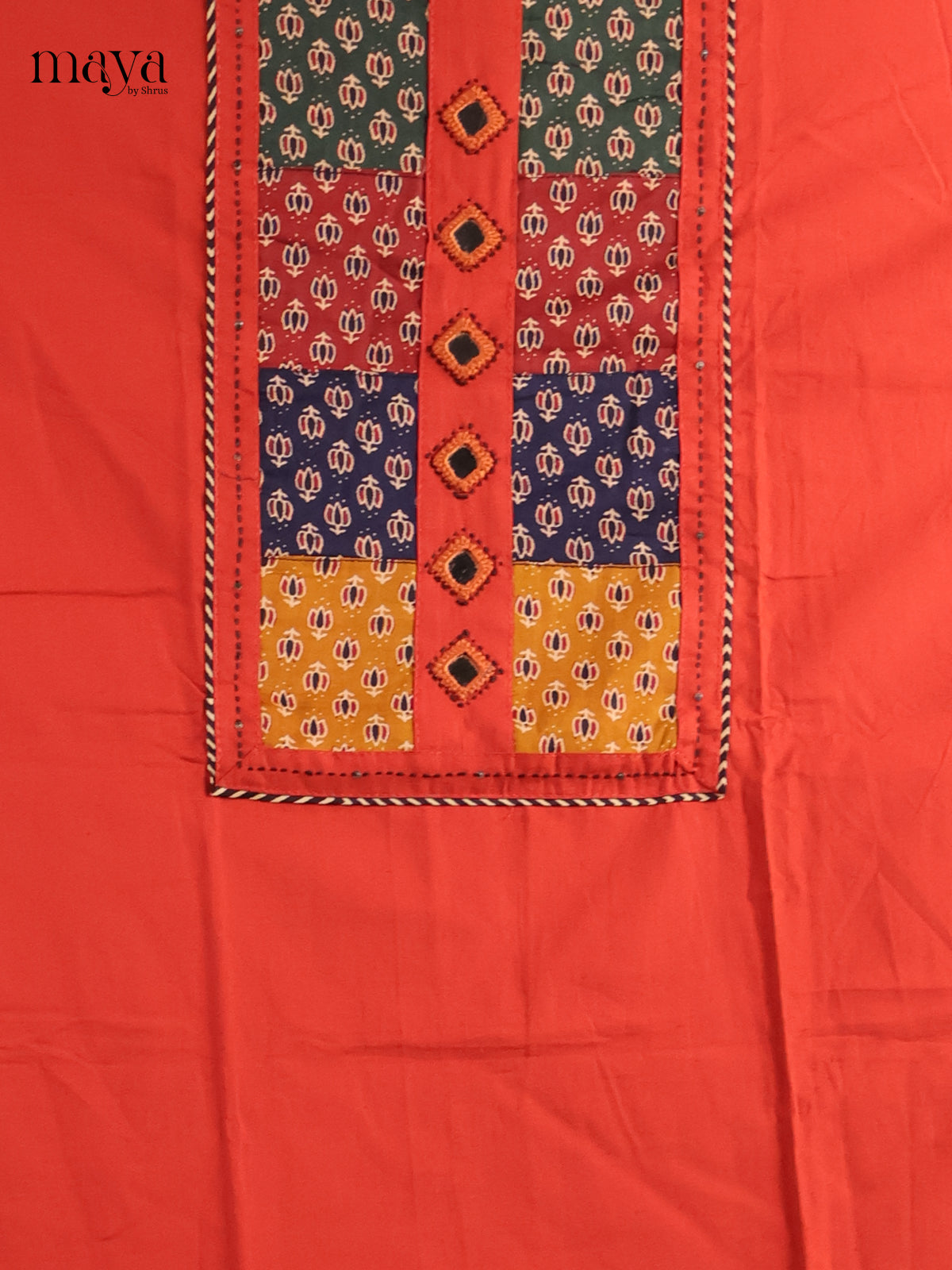 Bright Orange & Black Unstitched Ajrakh Salwar with ajrakh neck yoke
