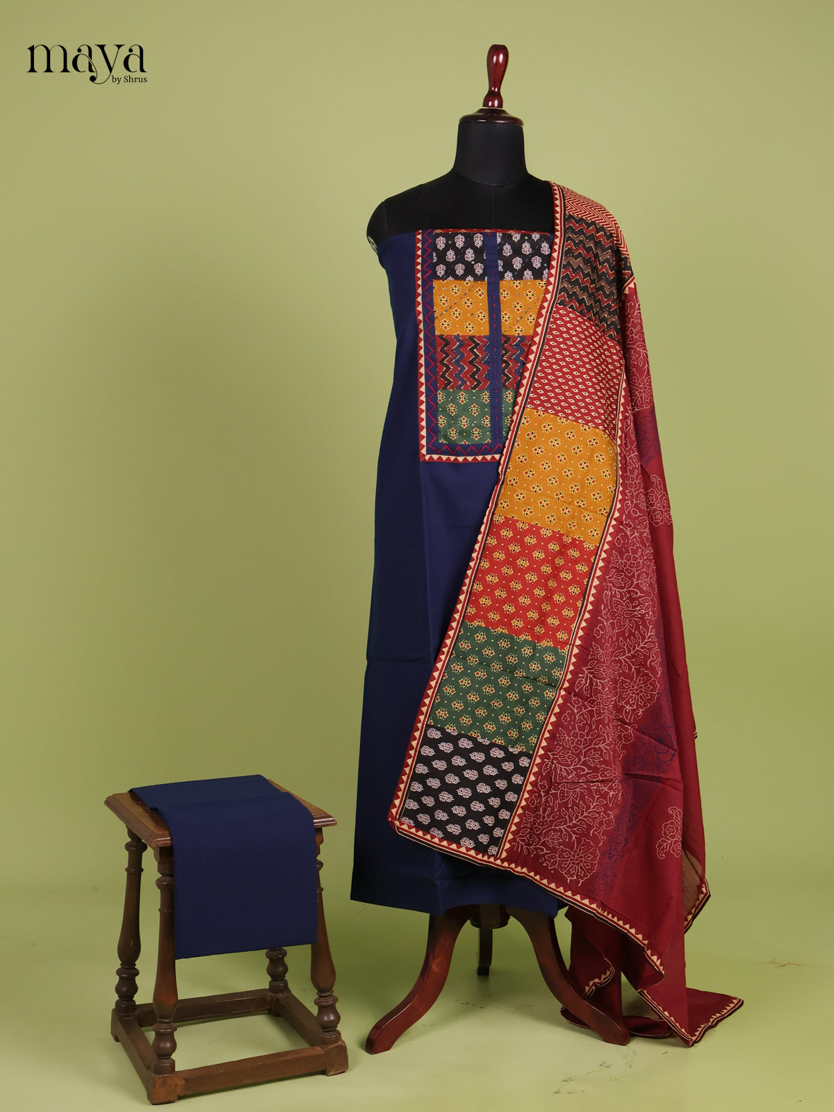 Elegant Blue & Maroon Unstitched Ajrakh Salwar with printed dupatta