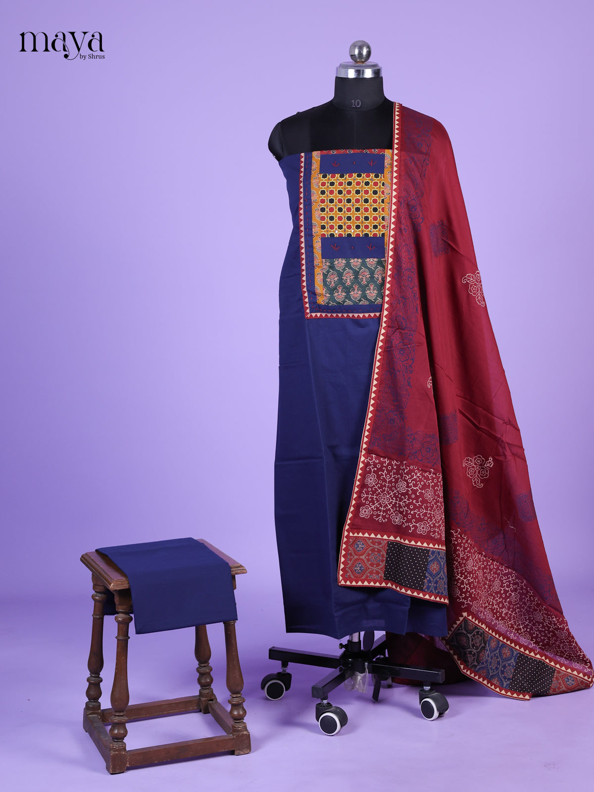 Majestic Blue Unstitched Ajrakh Salwar with ajrakh printed neck yoke