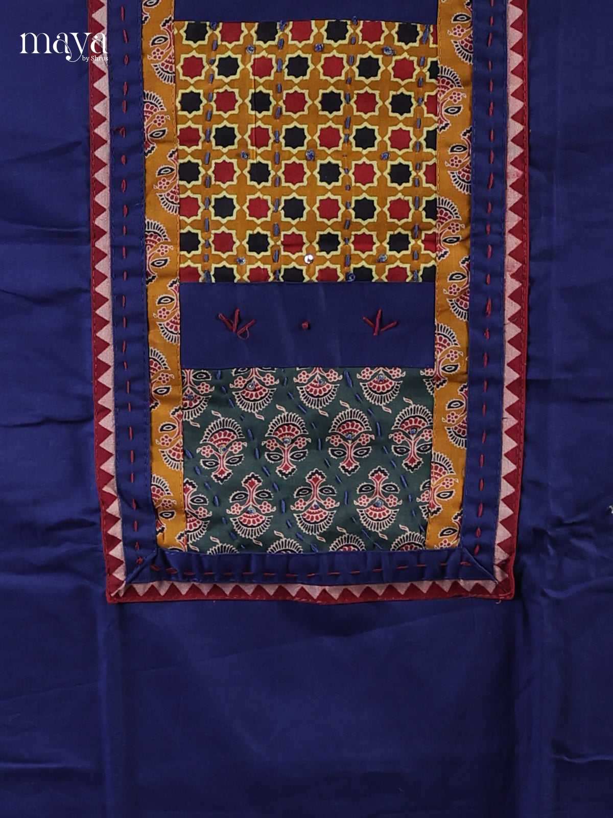 Majestic Blue Unstitched Ajrakh Salwar with ajrakh printed neck yoke