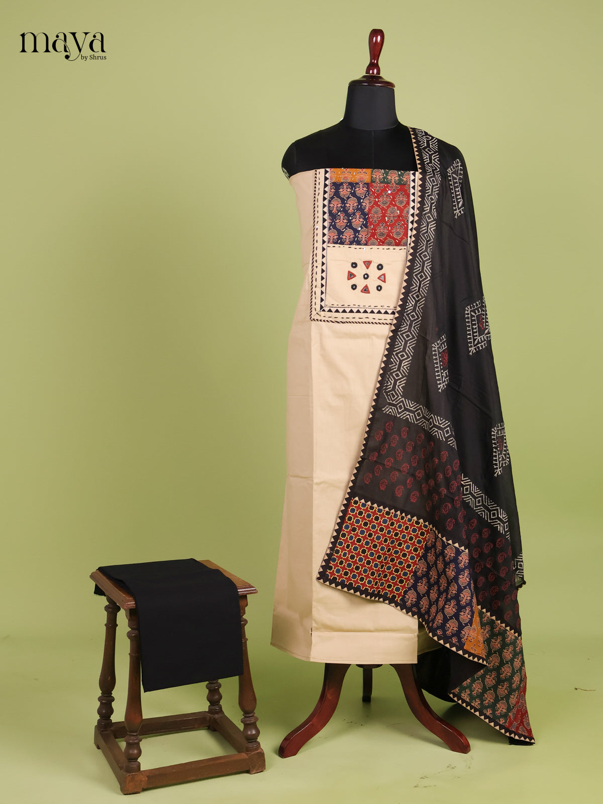 Charming Cream & Black Unstitched Ajrakh Salwar with embroidered neck yoke