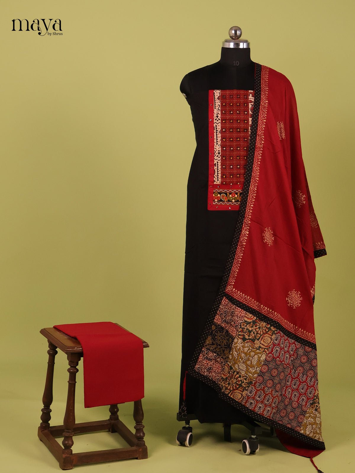 Pretty Black & Red Unstitched Ajrakh Salwar with embroidered neck yoke