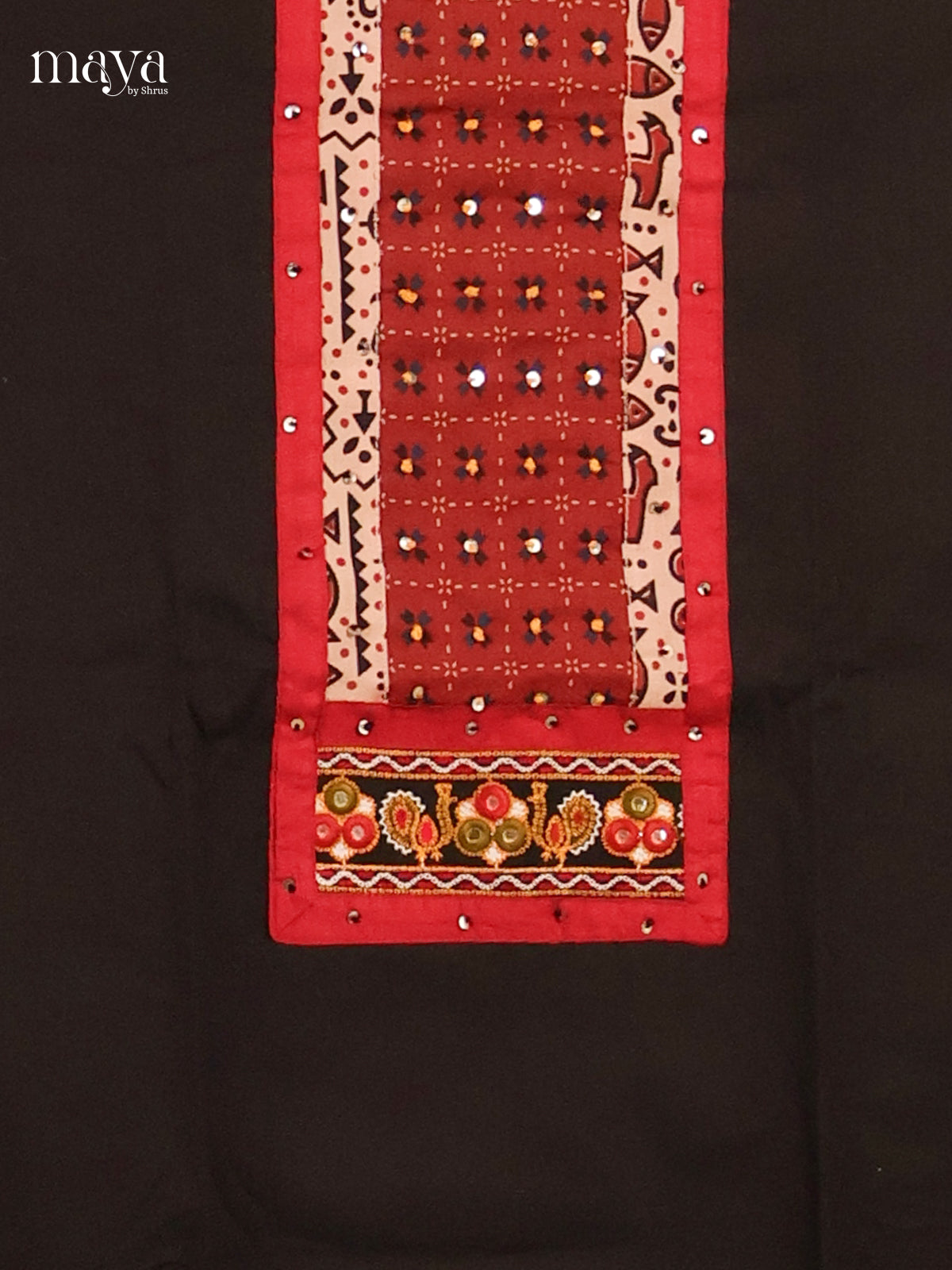 Pretty Black & Red Unstitched Ajrakh Salwar with embroidered neck yoke