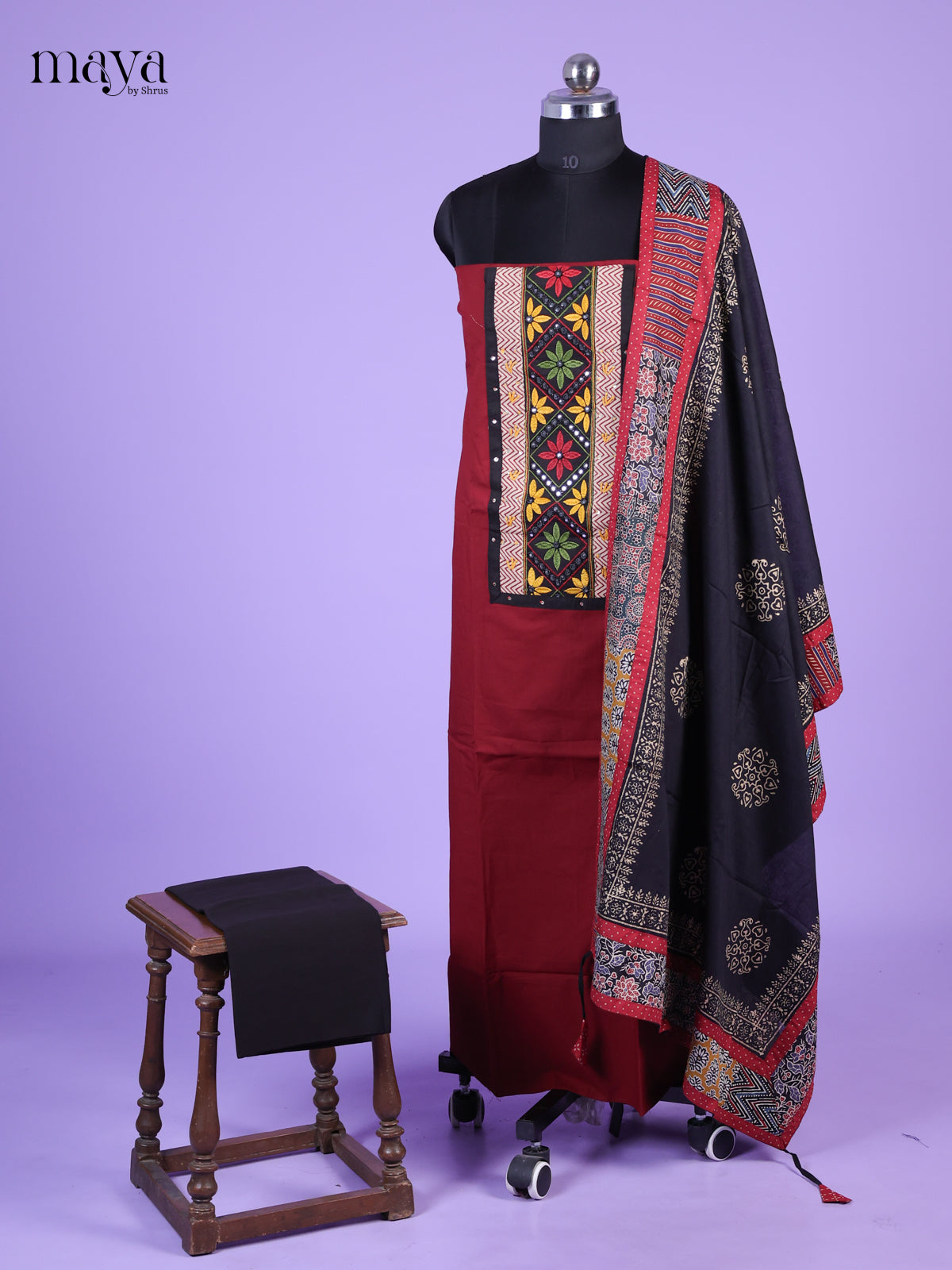 Classy Maroon & Black Unstitched Ajrakh Salwar with embroidered neck yoke