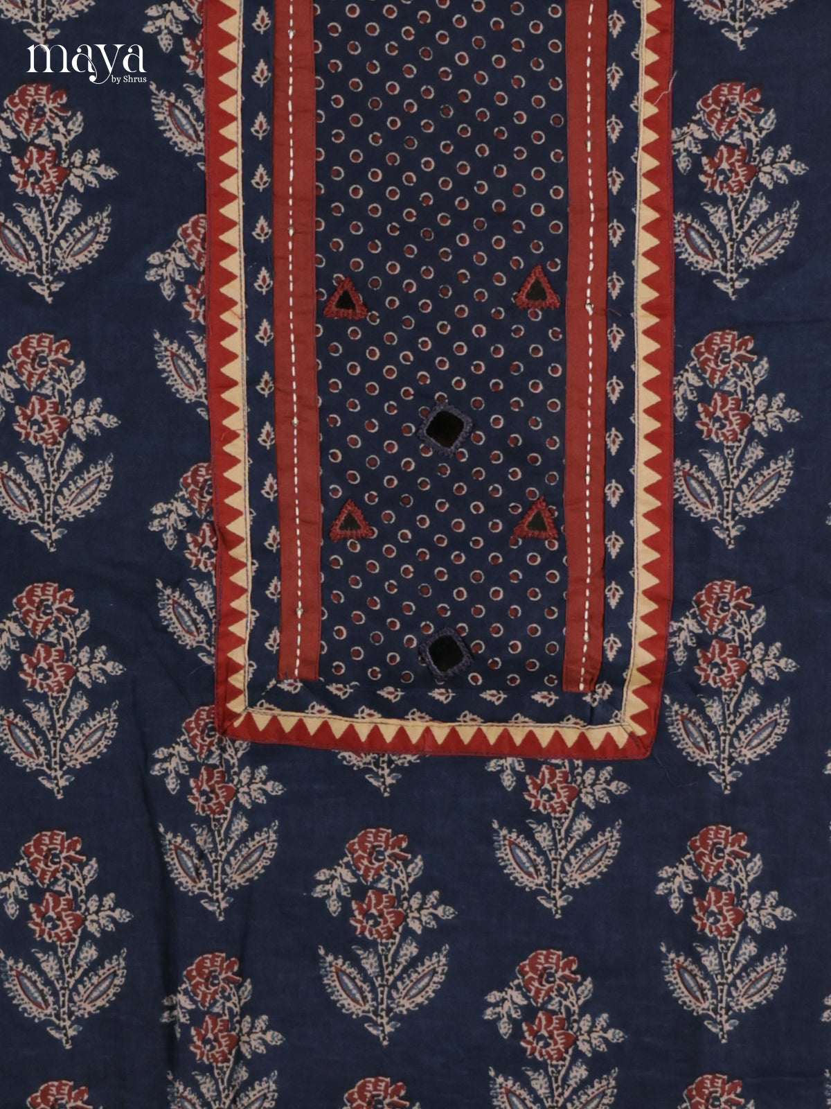 Pretty Blue & Maroon Unstitched Ajrakh Salwar with neck yoke , floral print
