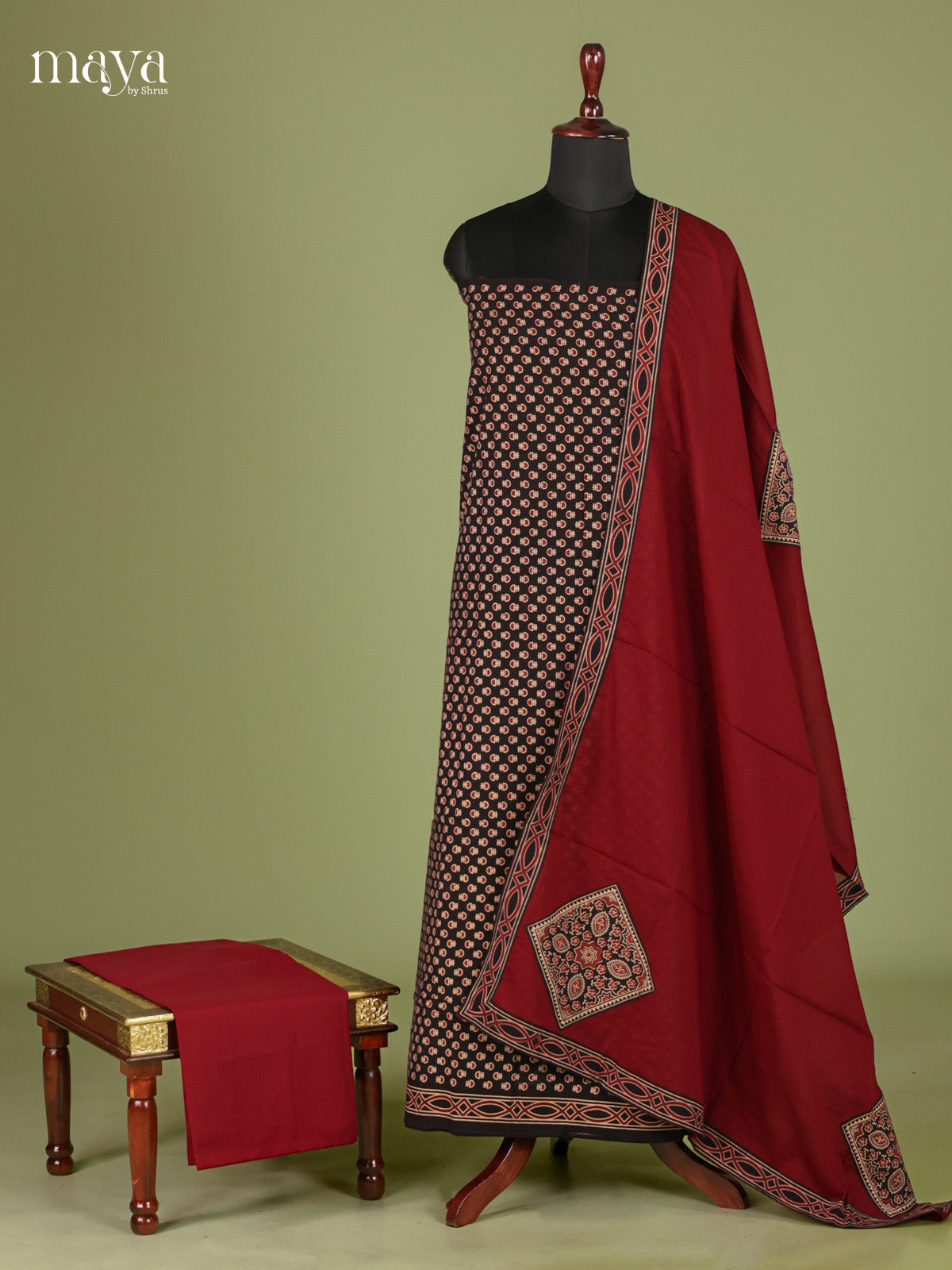 Striking Black & Maroon Unstitched Ajrakh Salwar with patch work dupatta
