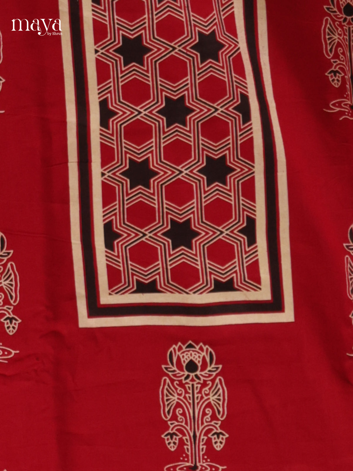 Bright Red Unstitched Ajrakh Salwar with floral block print , neck yoke
