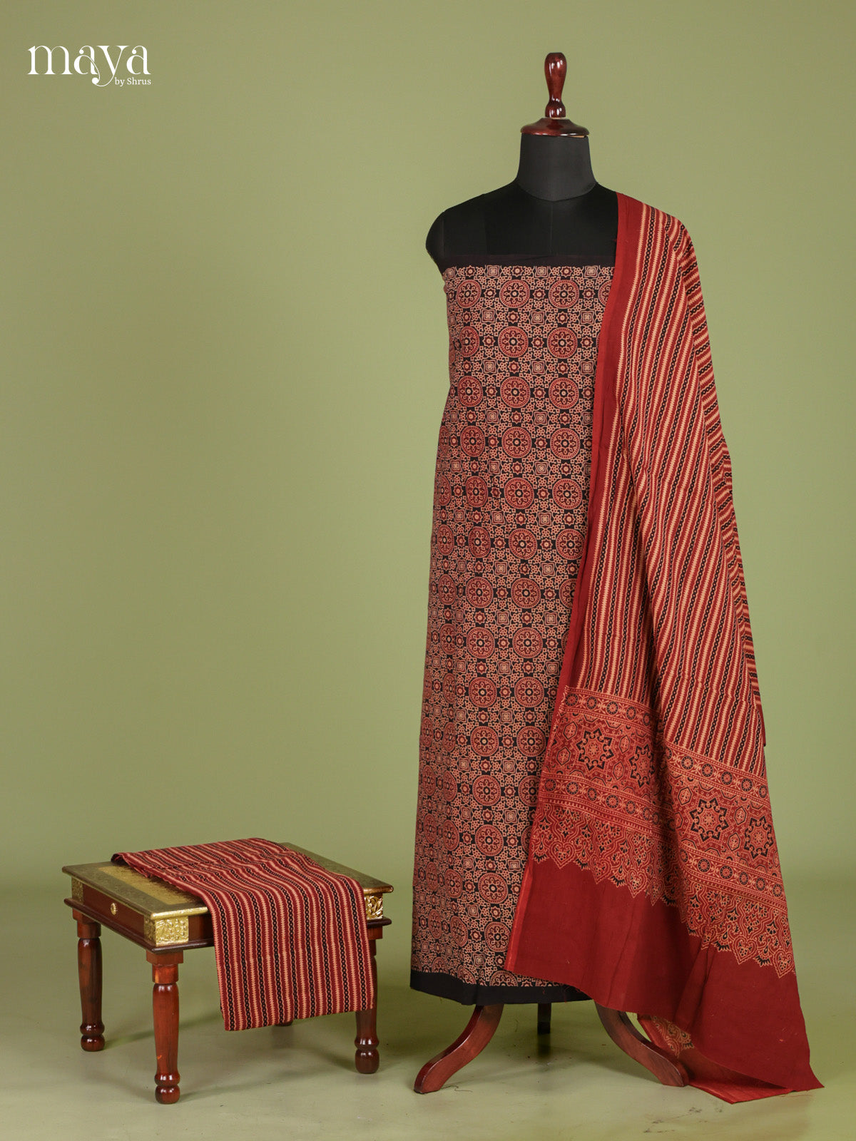 Chic Black & Maroon Unstitched Ajrakh Salwar with floral print