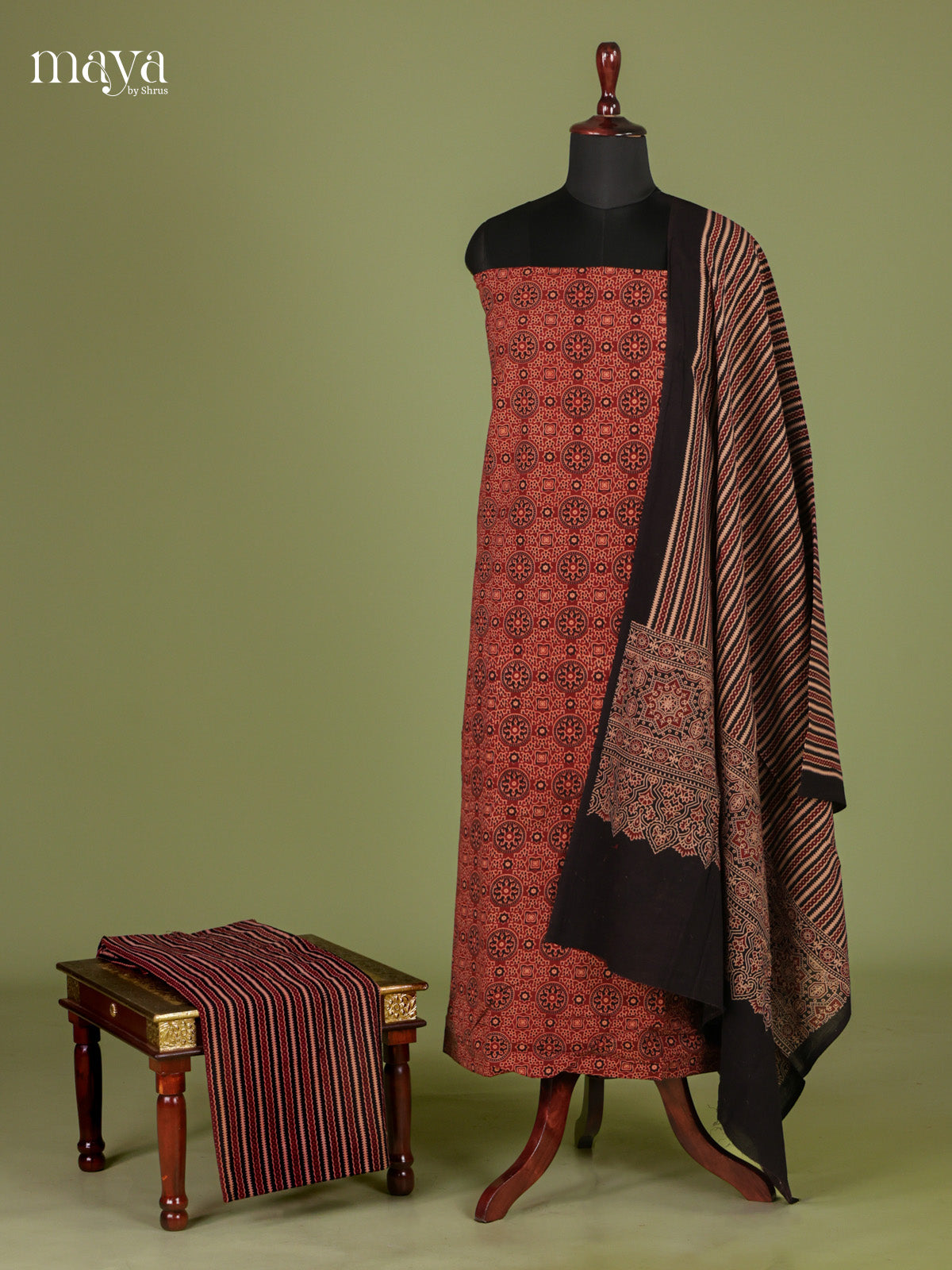 Pretty Maroon & Black Unstitched Ajrakh Salwar with floral block print