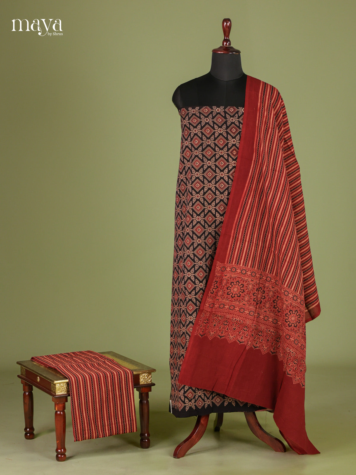 Beautiful Black & Maroon Unstitched Ajrakh Salwar with floral block print