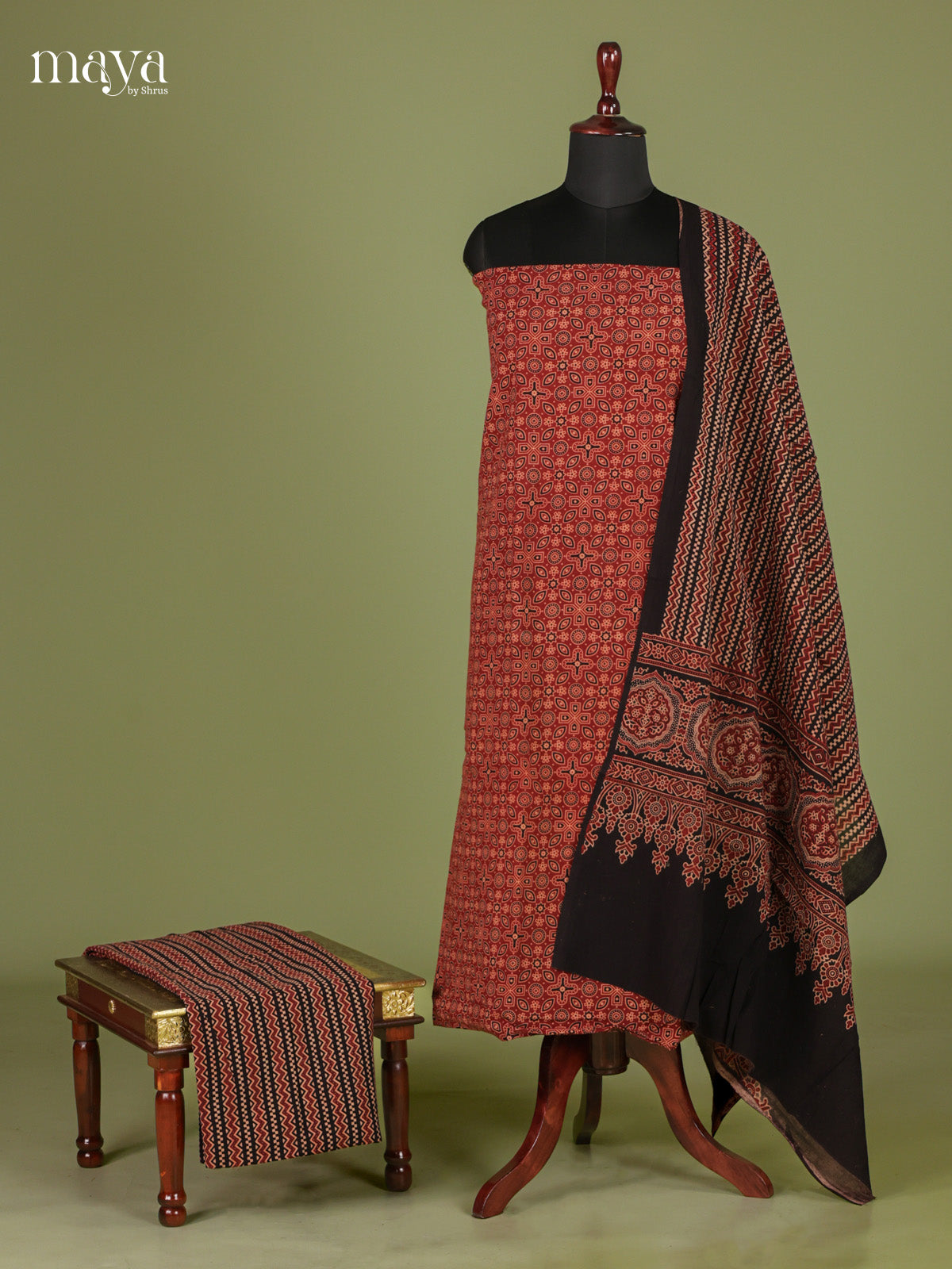 Elegant Maroon & Black Unstitched Ajrakh Salwar with floral block print