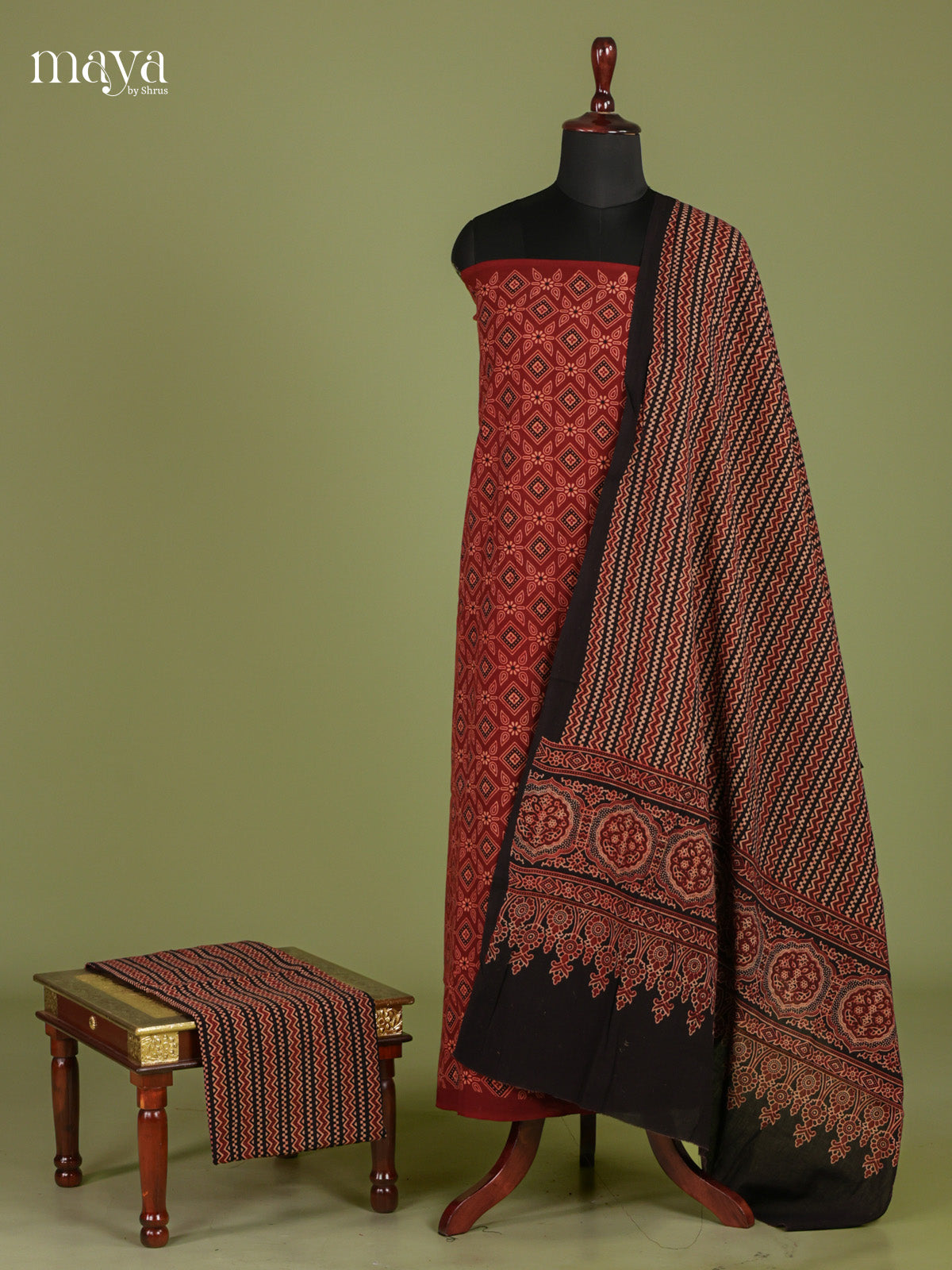 Classy maroon & Black Unstitched Ajrakh Salwar with floral block print