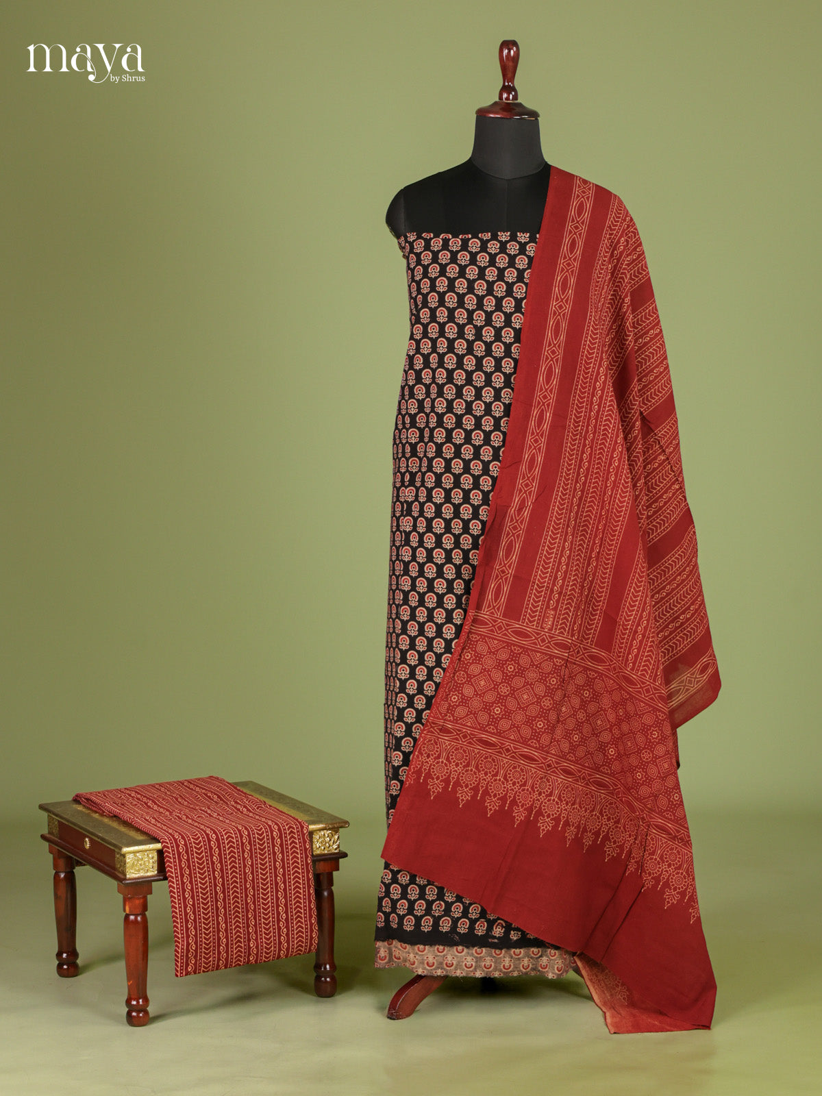 Timeless Black & Red Unstitched Ajrakh Salwar with floral block prints