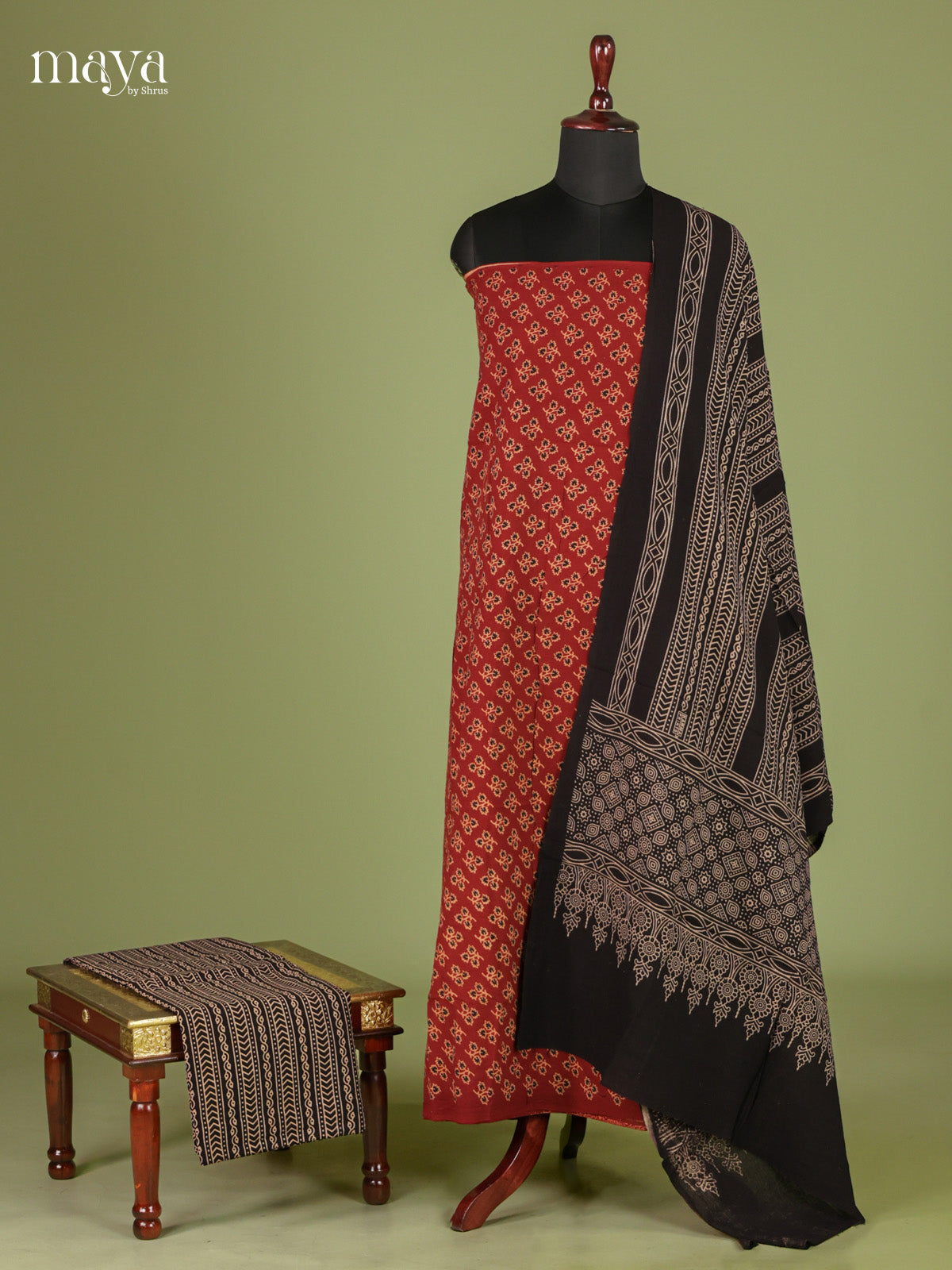 Beautiful Red & Black Unstitched Ajrakh Salwar with floral block prints & dupatta