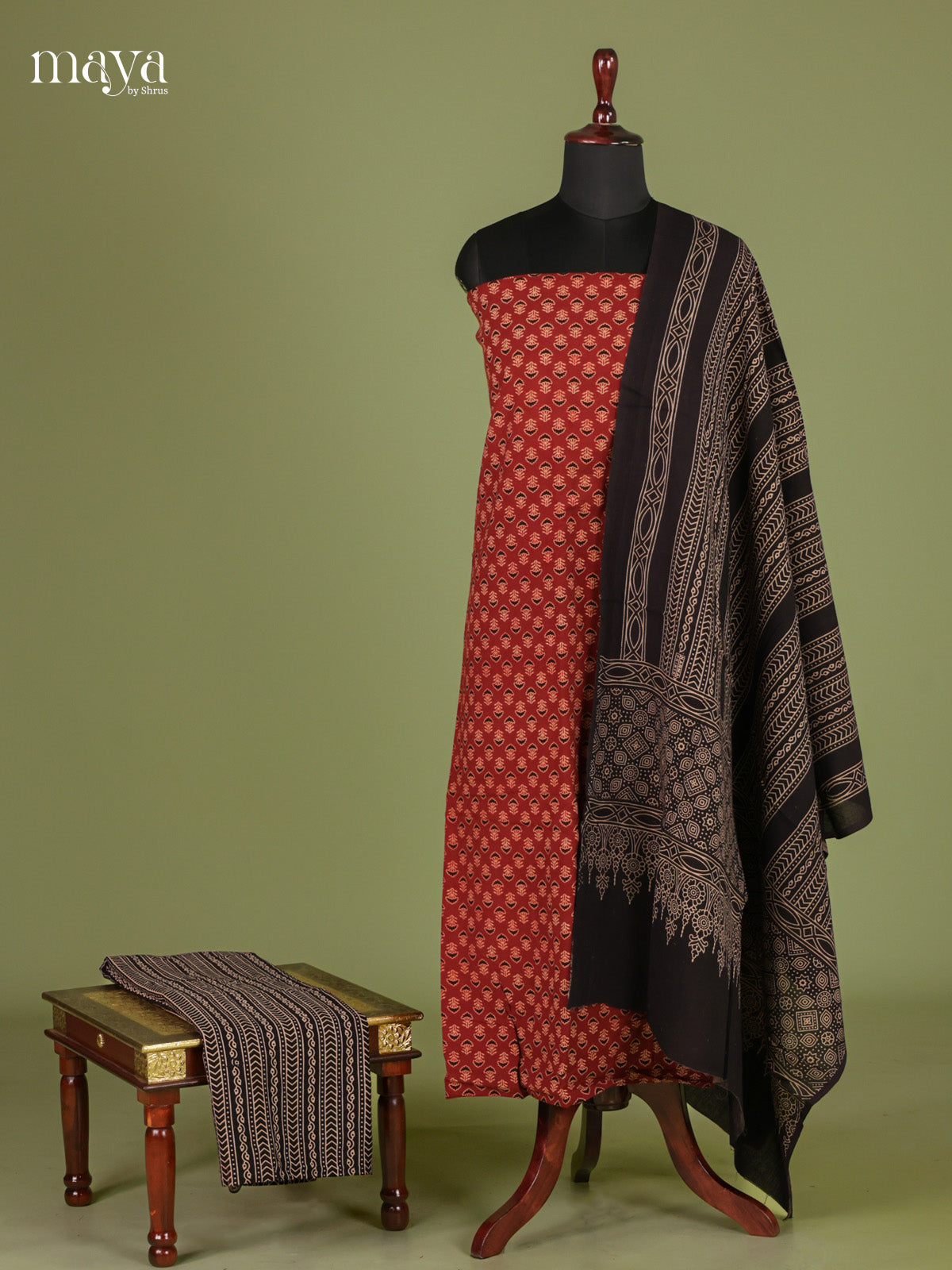 Beautiful Red & Black Unstitched Ajrakh Salwar with floral prints & printed dupatta