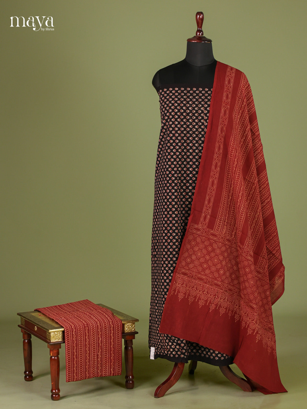 Elegant Black & Red Unstitched Ajrakh Salwar with hand block prints & contrast dupatta