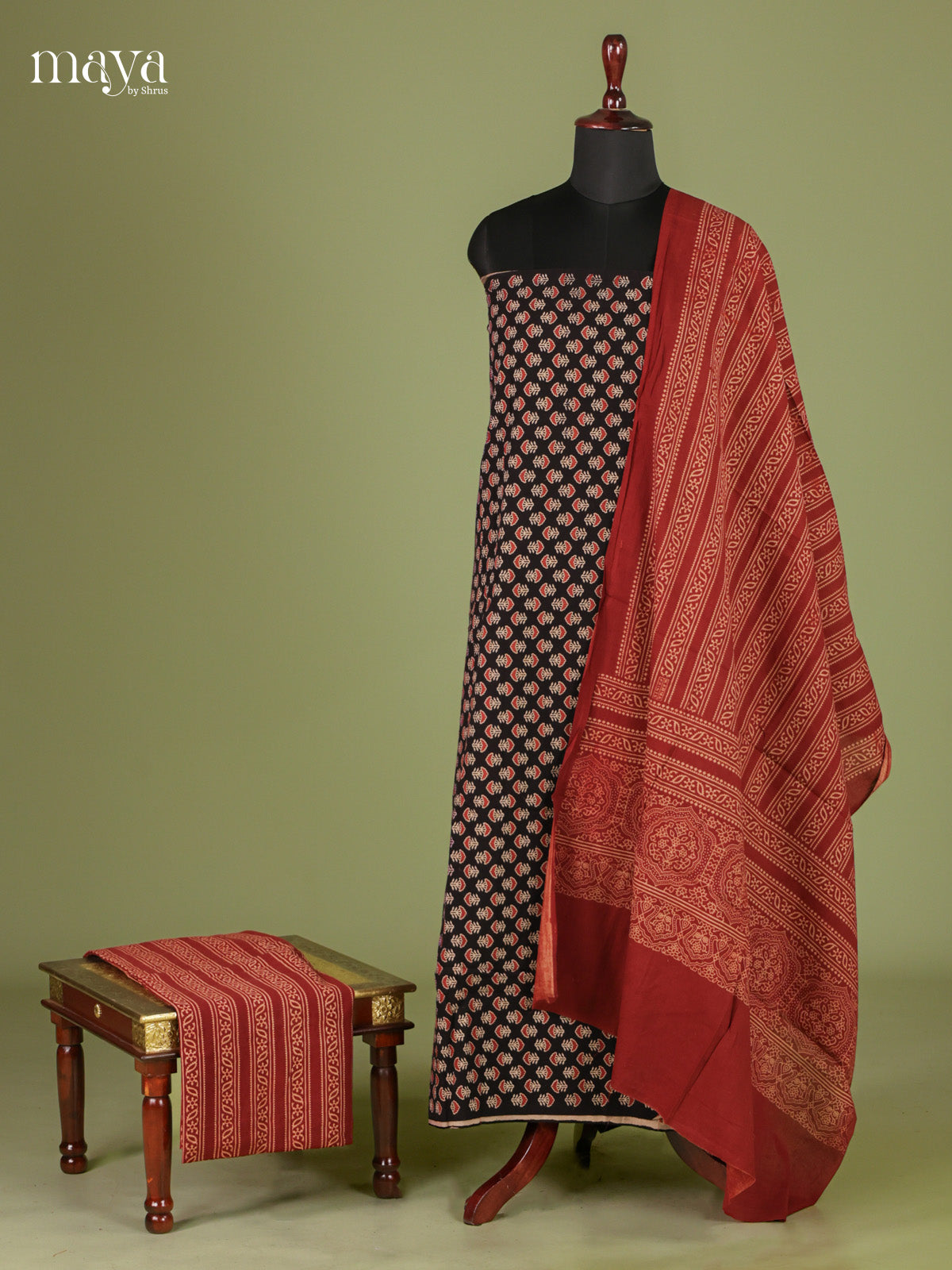 Pretty Black & Red Unstitched Ajrakh Salwar with block floral prints