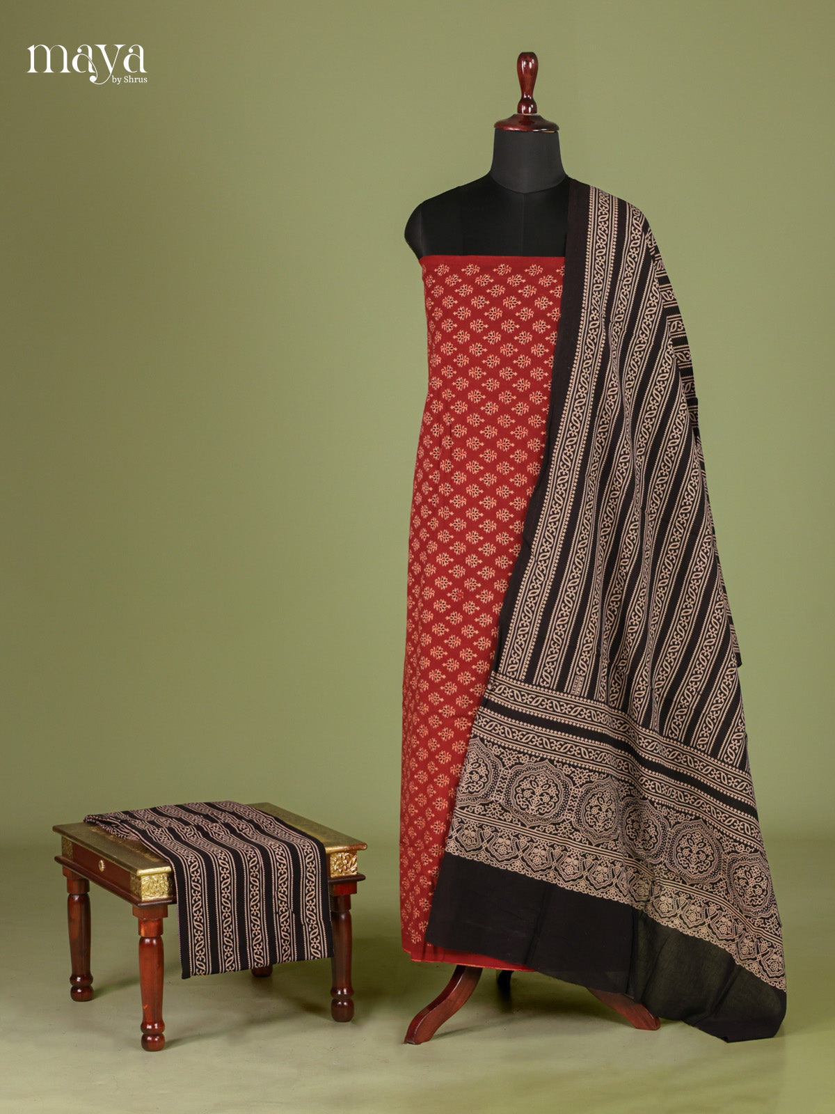 Classy Red & Black Unstitched Ajrakh Salwar with floral block print