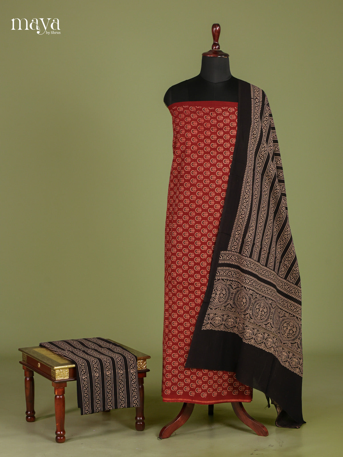 Elegant Red & Black Unstitched Ajrakh Salwar with floral block print
