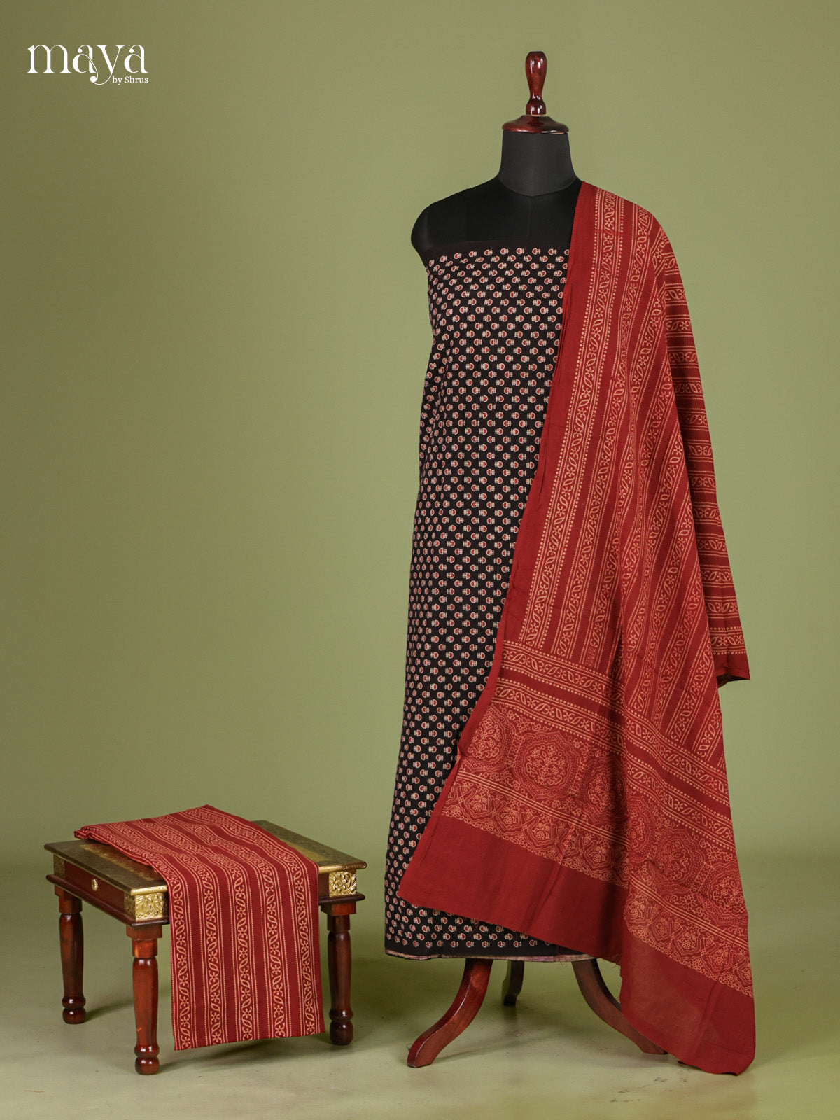Pretty Black & Red Unstitched Ajrakh Salwar with floral block prints & printed Dupatta