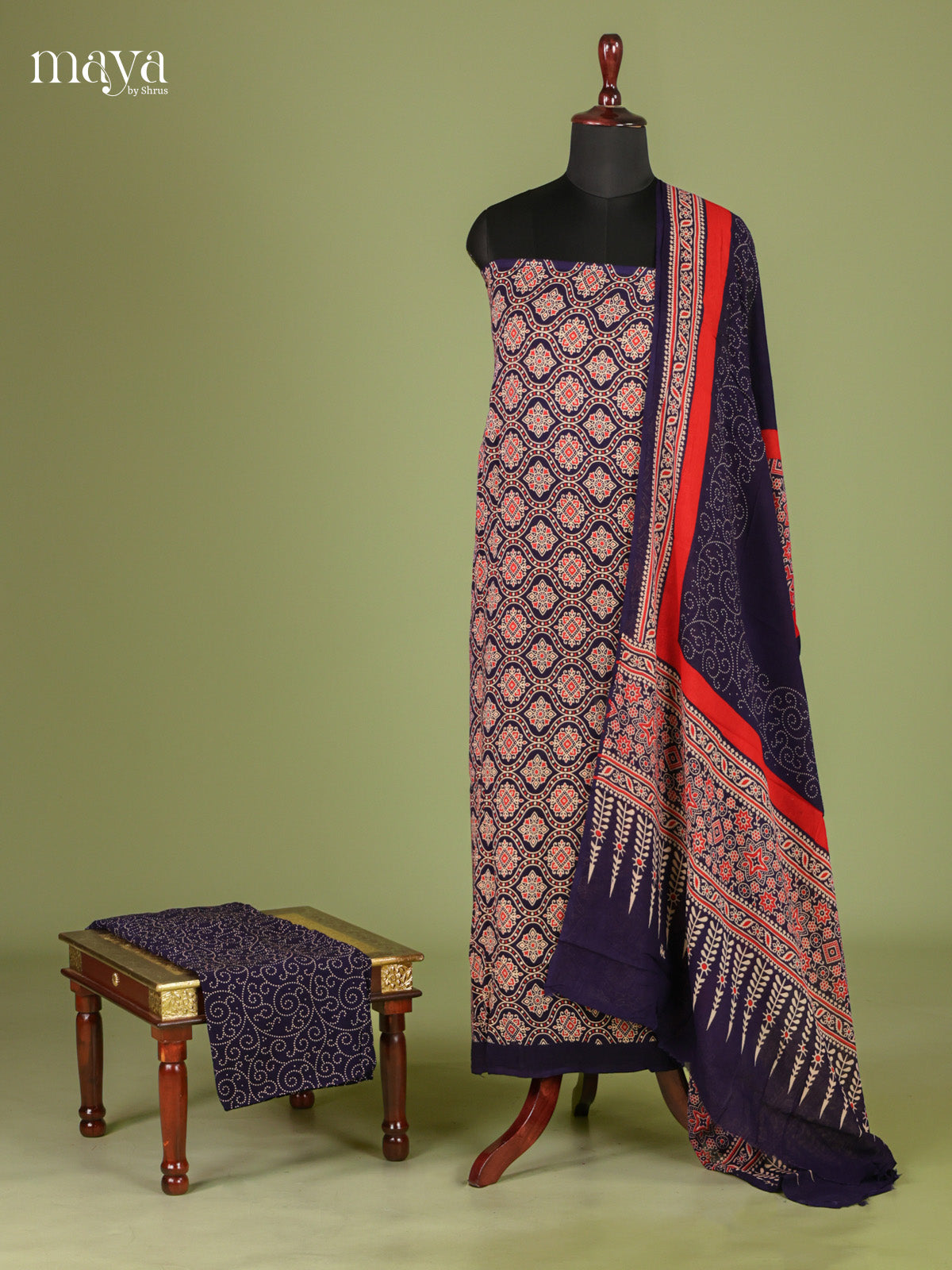 Regal Blue & Orange Unstitched Ajrakh Salwar with floral block print