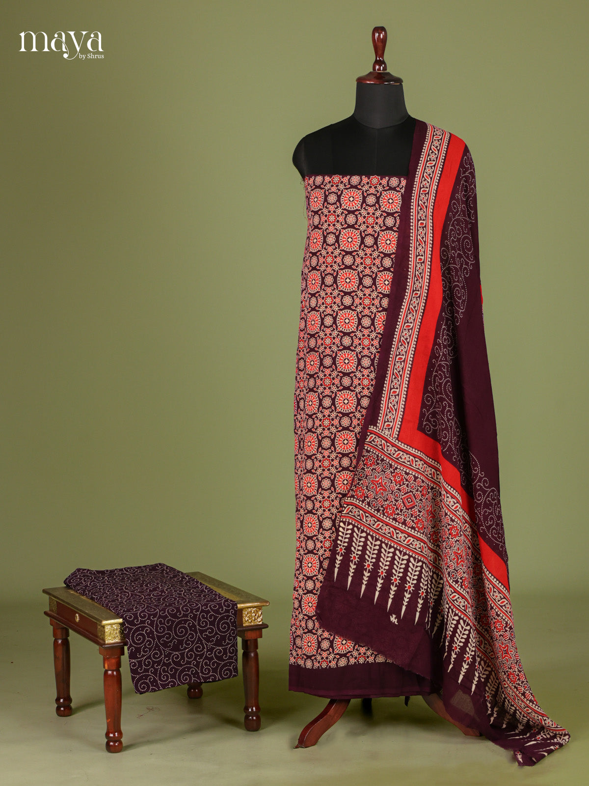 Pretty Brown & Orange Unstitched Ajrakh Salwar with floral block print