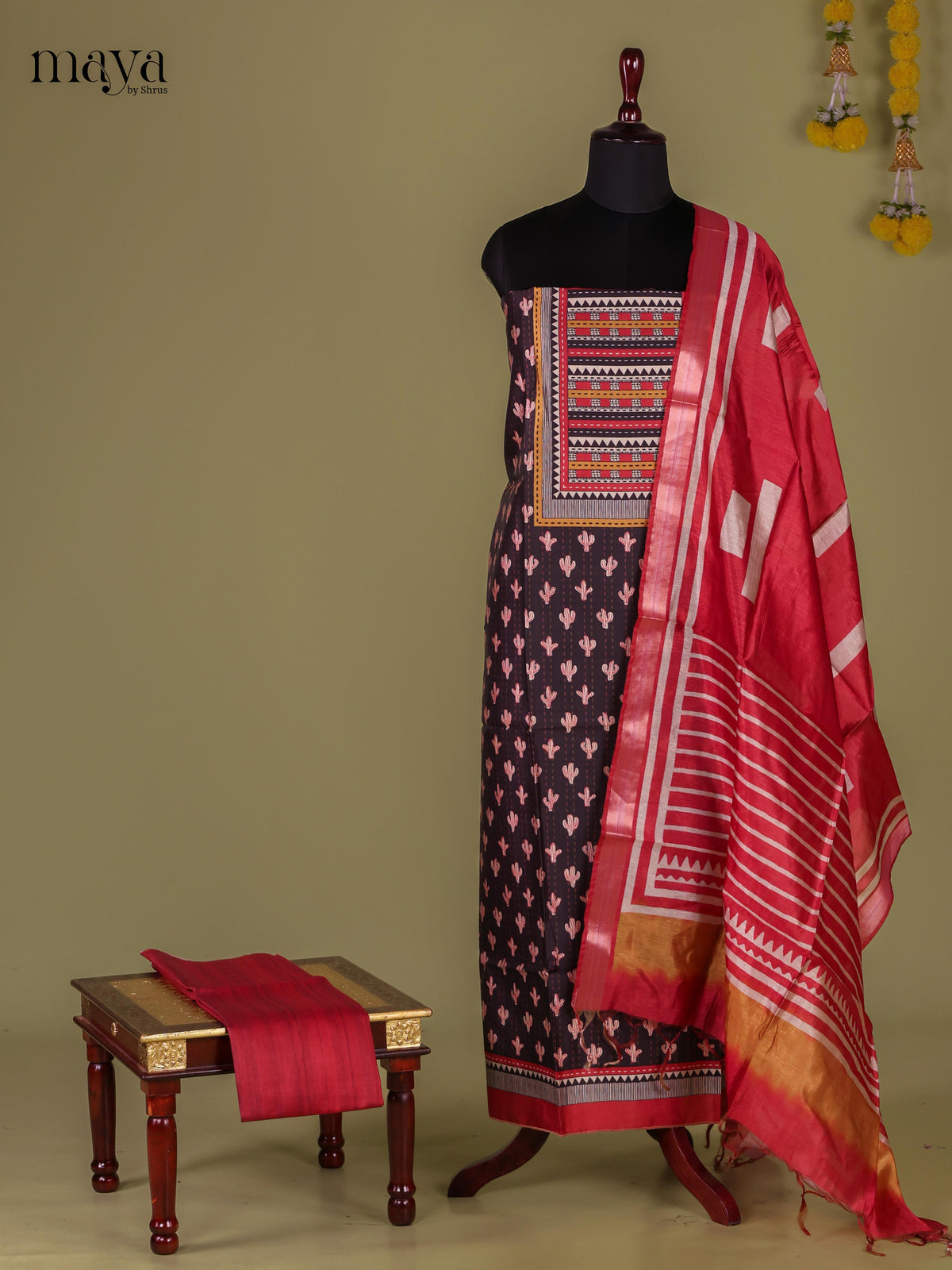 Black & Red - Semi Tussar Salwar Unstitched