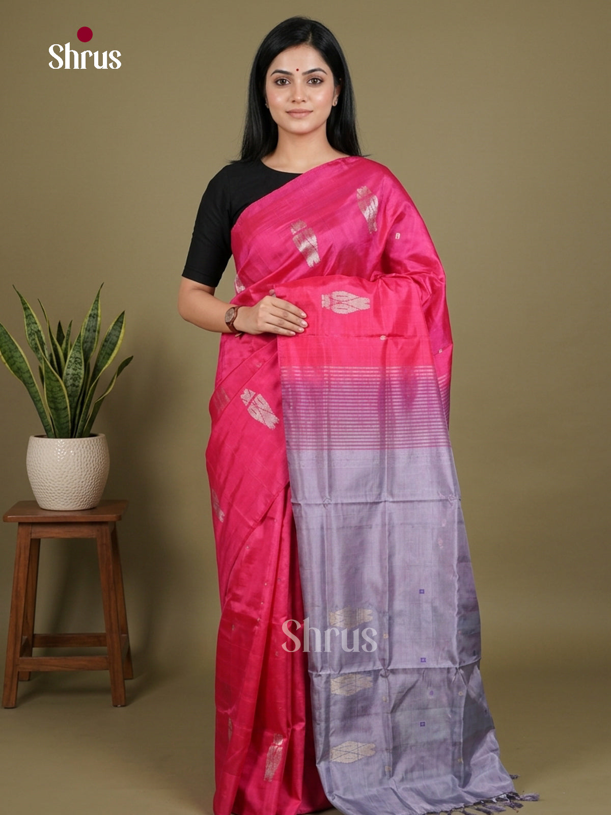 Buy Opulent Magenta Banana Pith Saree With Silver Motifs & Zari Woven Lavender Pallu