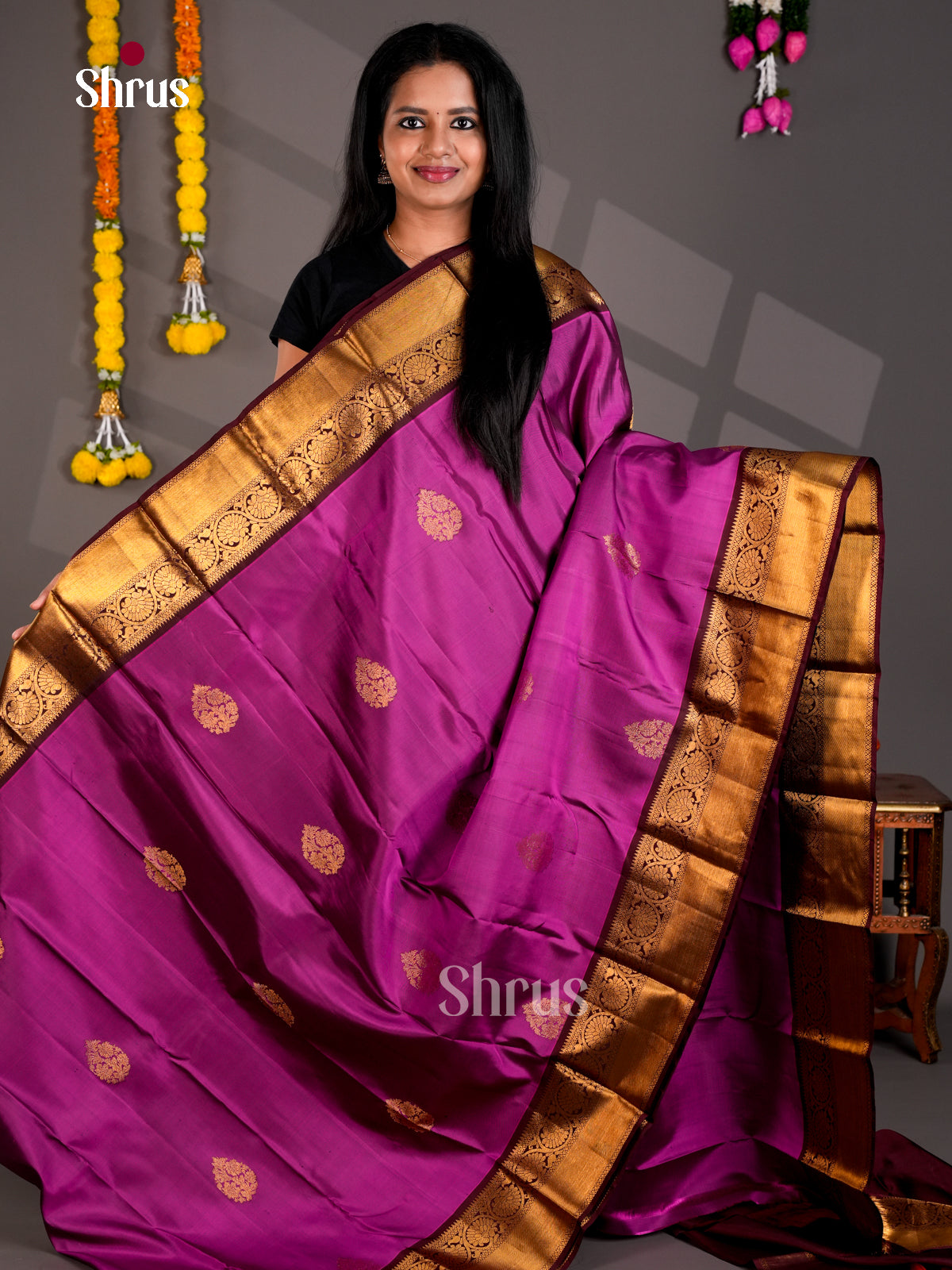 Buy Shimmery Magenta Kanchipuram Saree With Paisley Motifs, Deep Wine Zari Border & Pallu