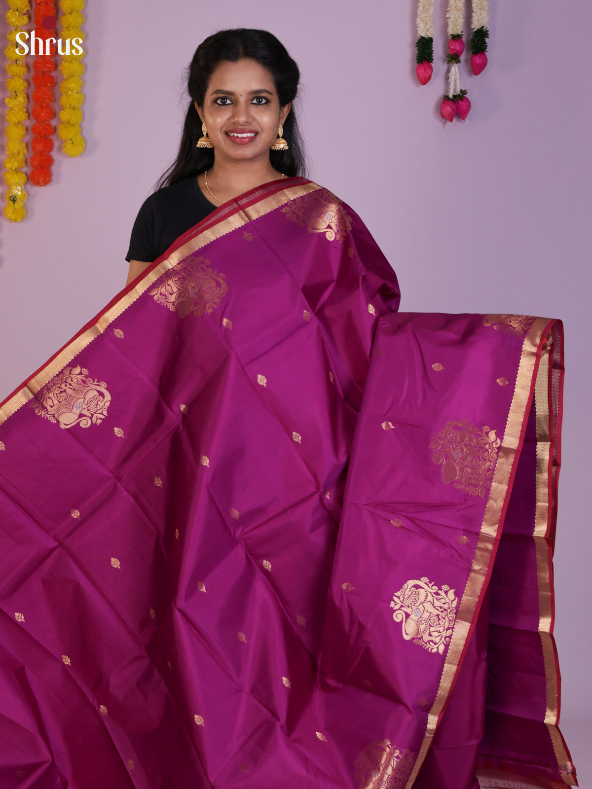 Buy Pretty Magenta Kanchipuram Saree With Zari Buttas, Yazhi Motifs & Pink Brocade Pallu