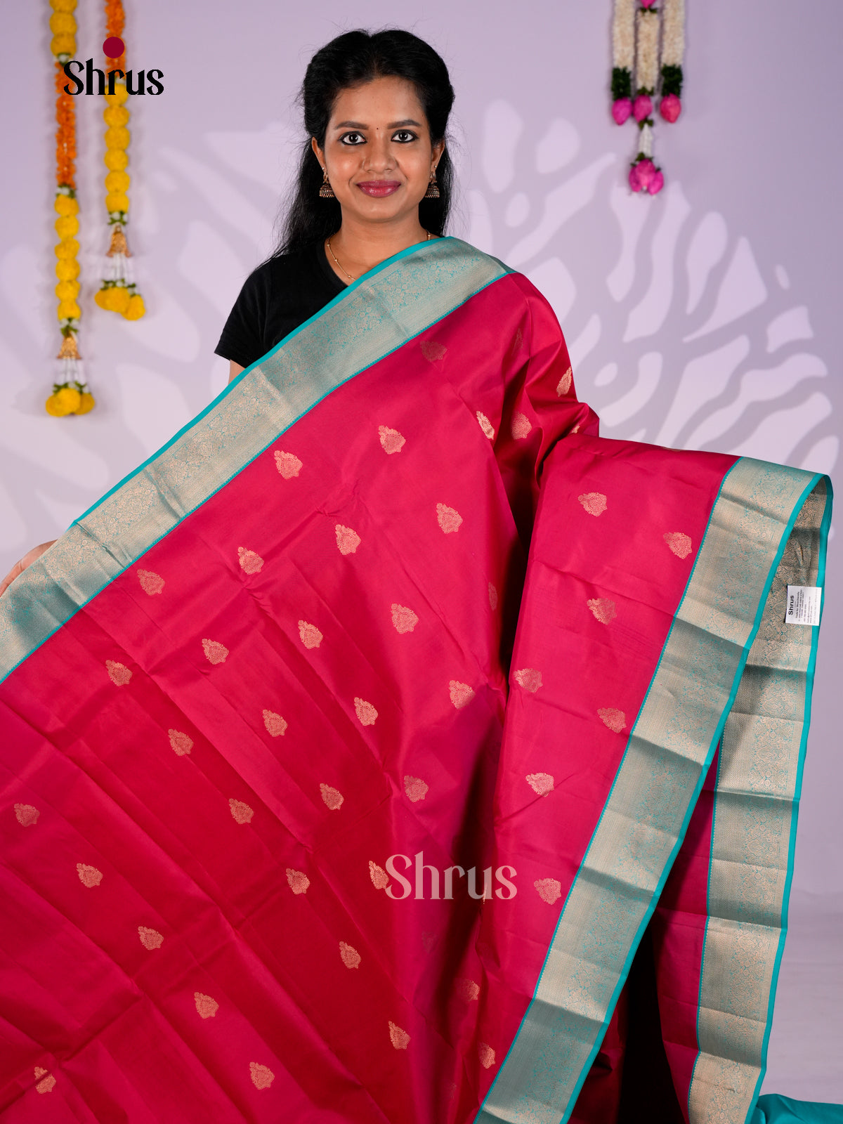Buy Shimmery Magenta Pink Kanchipuram Saree With Floral Motifs, Aqua Blue Border & Pallu